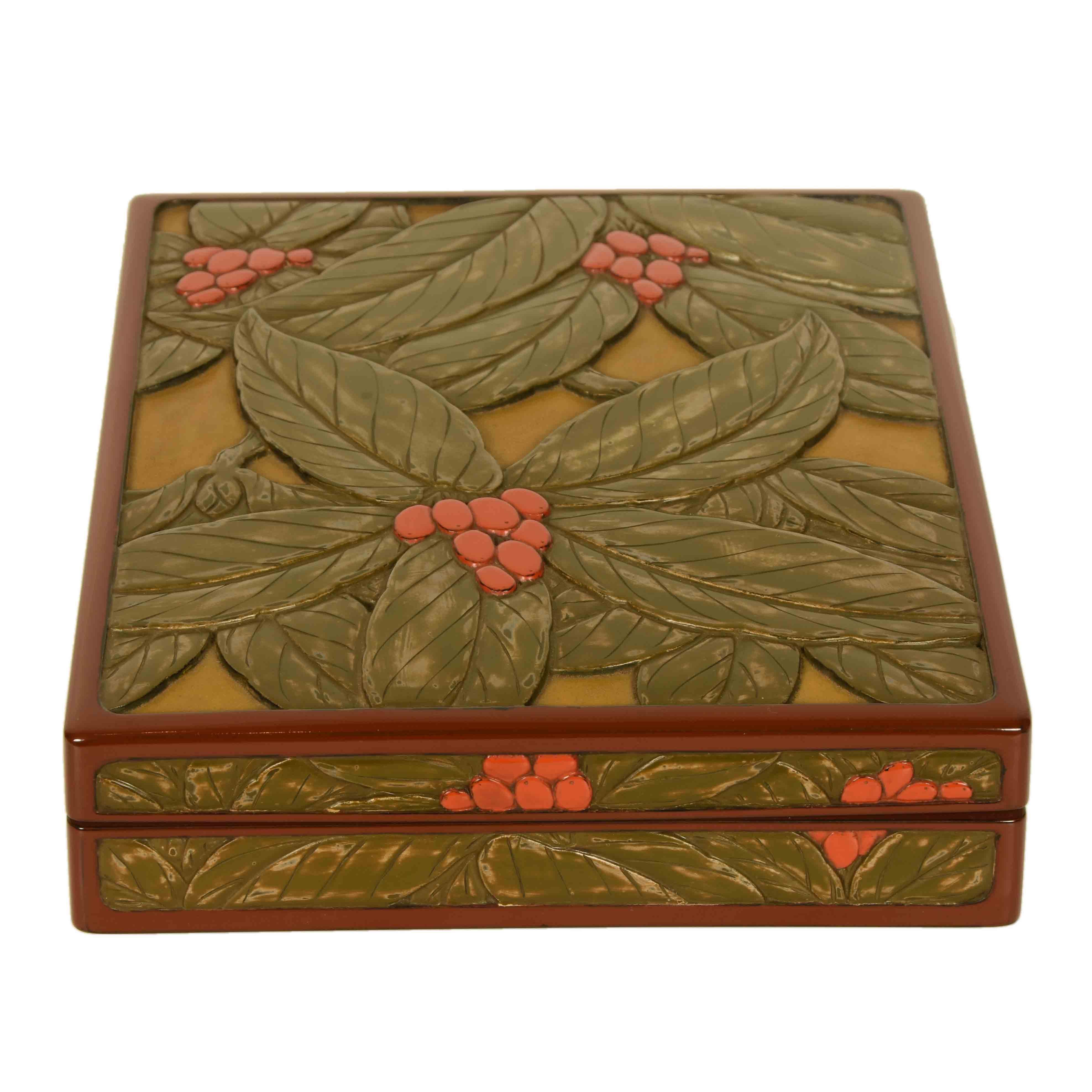 Wood Japanese Carved Kamakura Lacquer Box with Botanical Design by Tamerou Ono For Sale