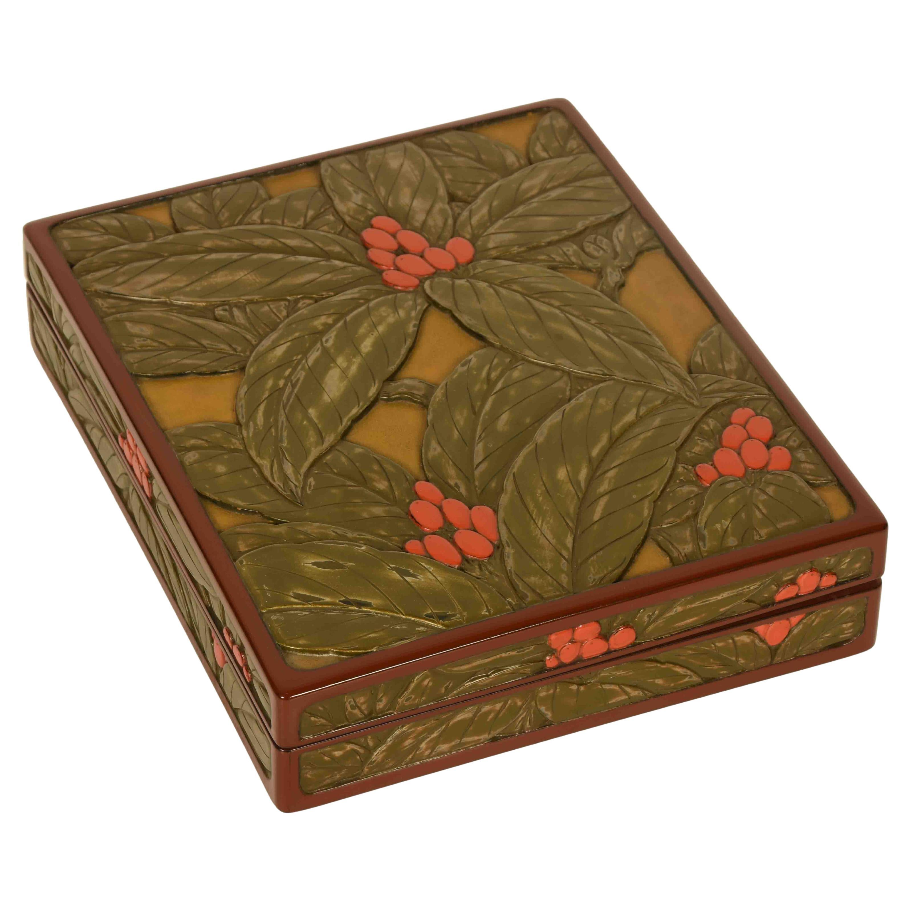 Intricately  Carved Kamakura Lacquer Box with Botanical Design by Tamerou Ono