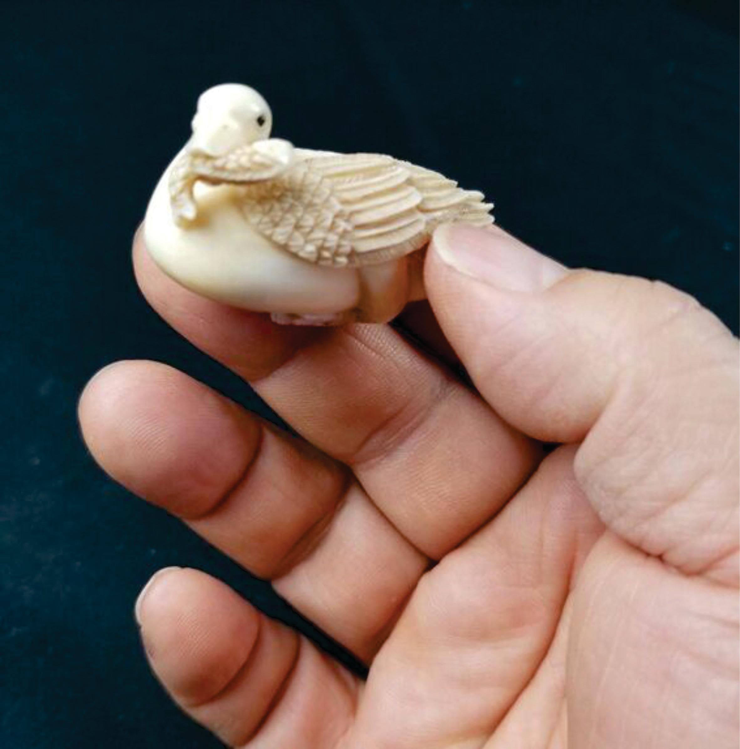 Japanese Carved Netsuke A Goose Biting a Fish-Signed by Tomotada, Meiji  For Sale 5