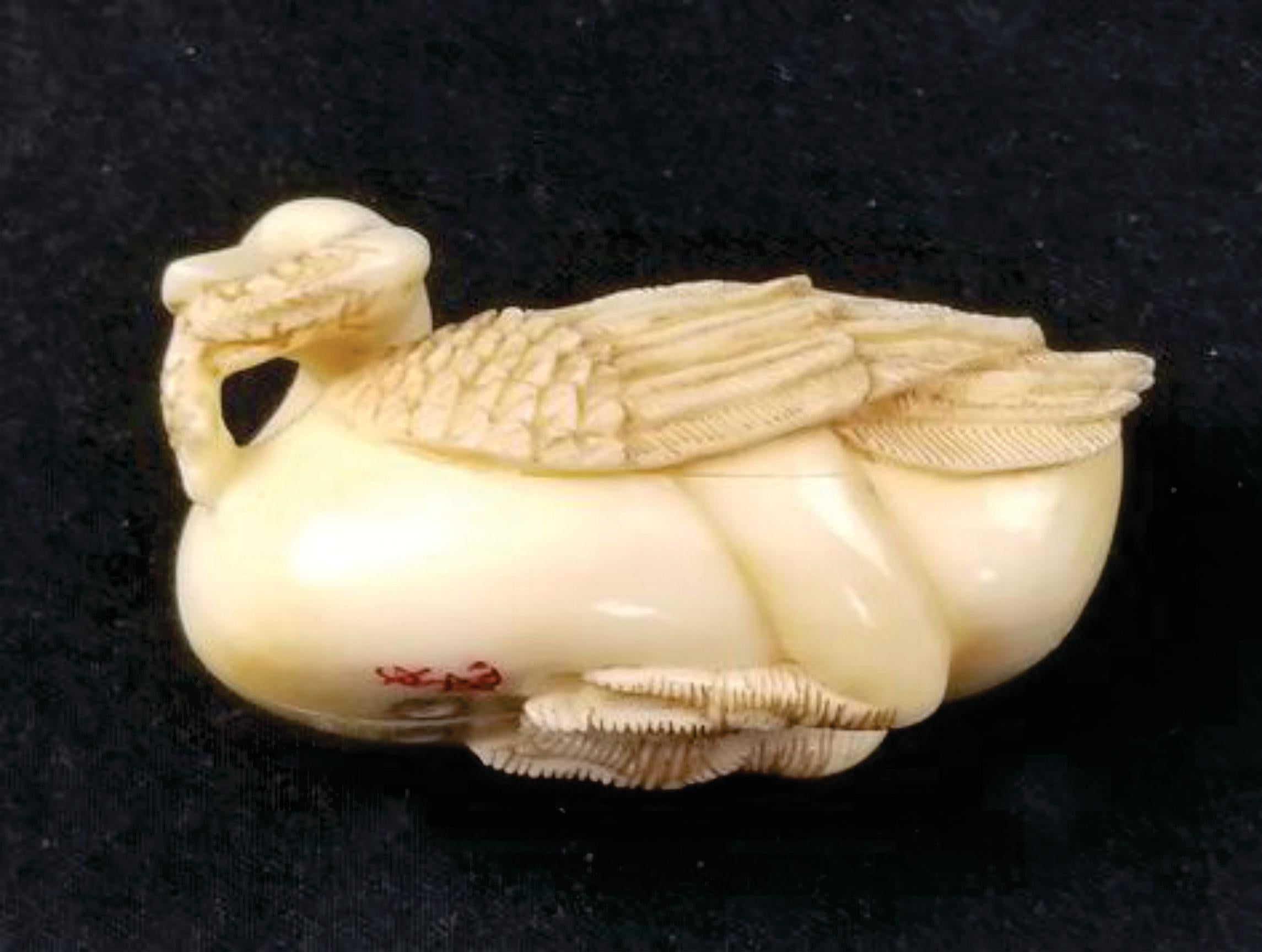 19th Century Japanese Carved Netsuke A Goose Biting a Fish-Signed by Tomotada, Meiji  For Sale