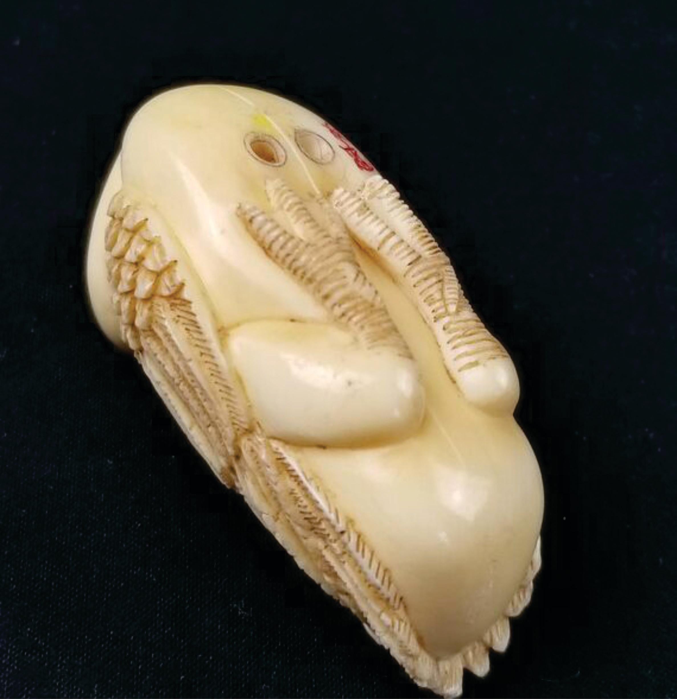 Japanese Carved Netsuke A Goose Biting a Fish-Signed by Tomotada, Edo For Sale 1