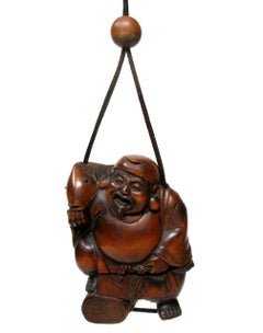 Japanese Carved Netsuke Box Wood Sennin Buddha Meiji Period 1868-1912 Pill Box