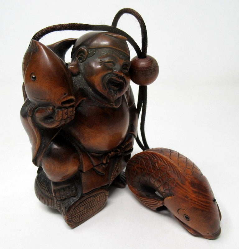 Japanese Carved Netsuke Box Wood Sennin Buddha Meiji Period 18681912