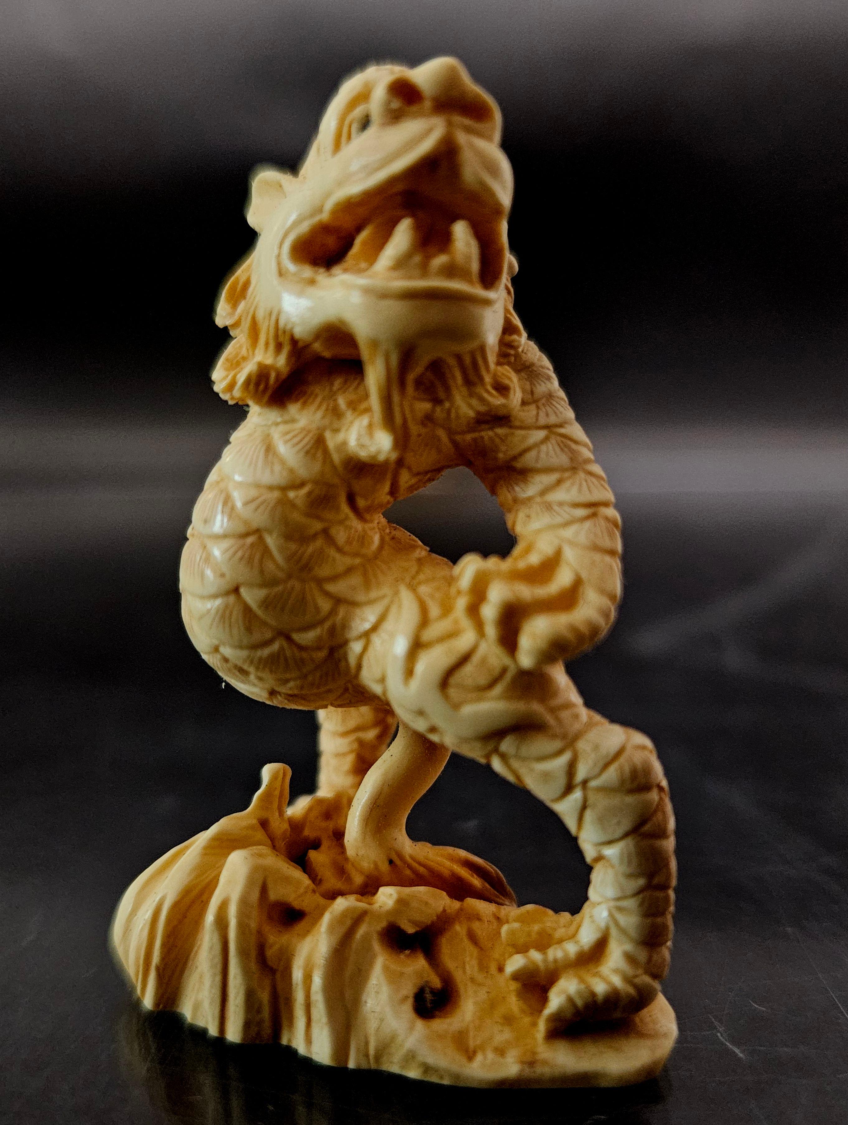 Ivory Japanese Carved Netsuke Humanoid Dragon by Yamada Hojitsu法實, Edo Period