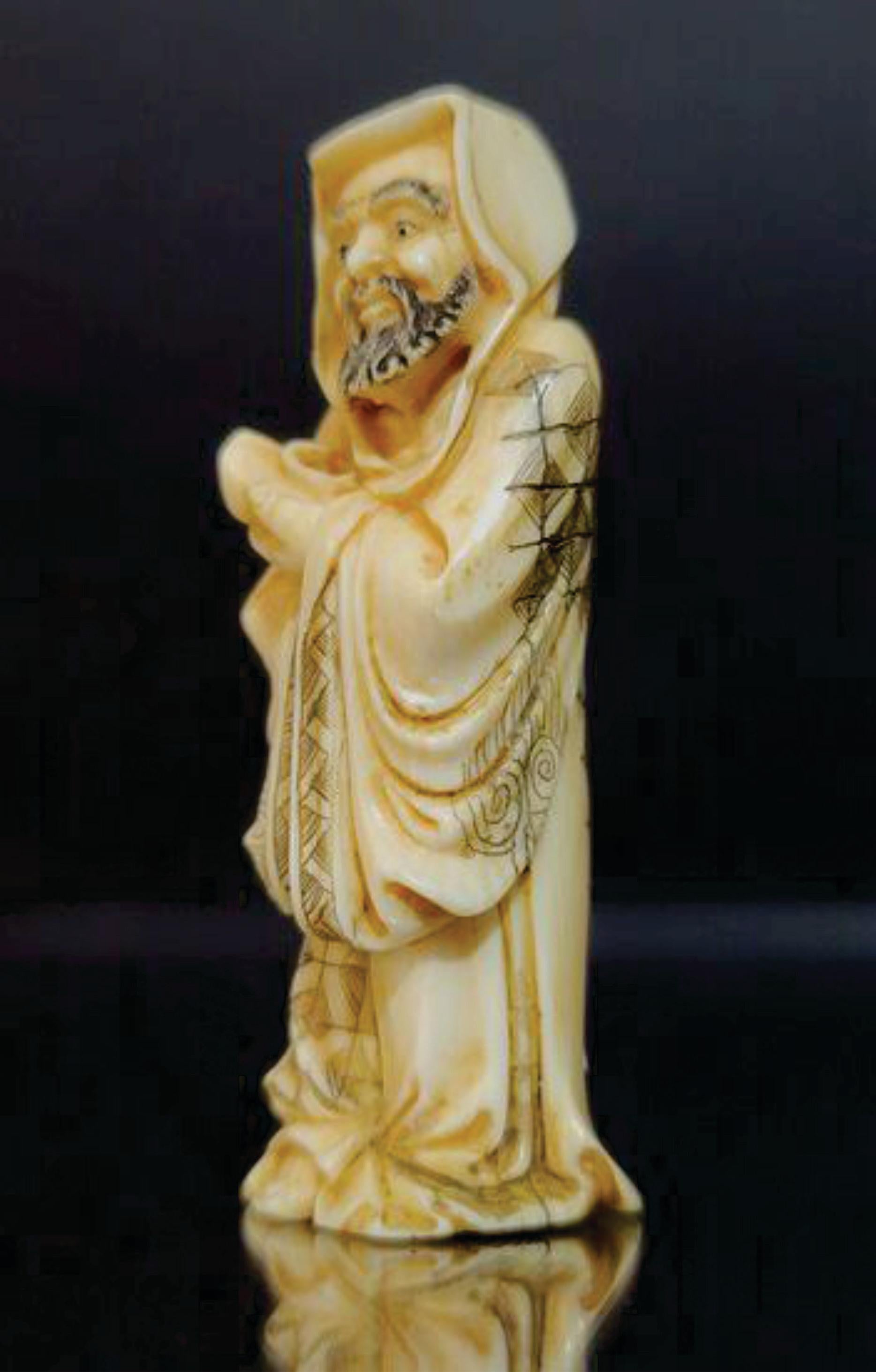 Hand-Crafted Japanese Carved Netsuke Polychrome Decorated Figure, by Shozan, Meiji  For Sale