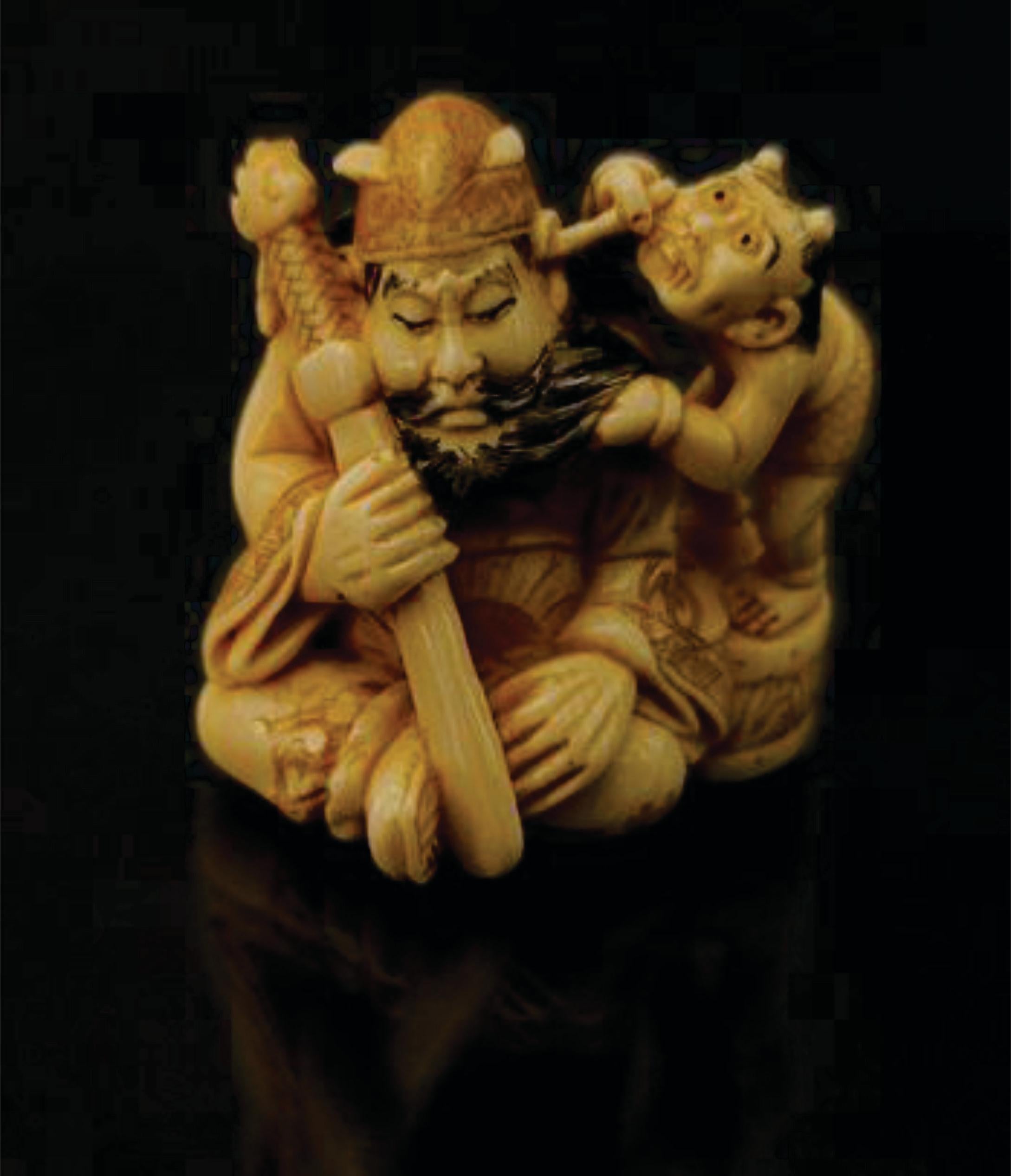 Japanische geschnitzte polychrom verzierte japanische Netsuke-Figurengruppe aus Netzsuke von Tomoaki, Meiji  (19. Jahrhundert) im Angebot
