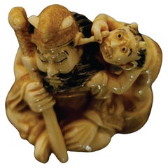 Used Japanese Carved Netsuke Mixed Material Figure Group, Signed by Tomoaki, Meiji 