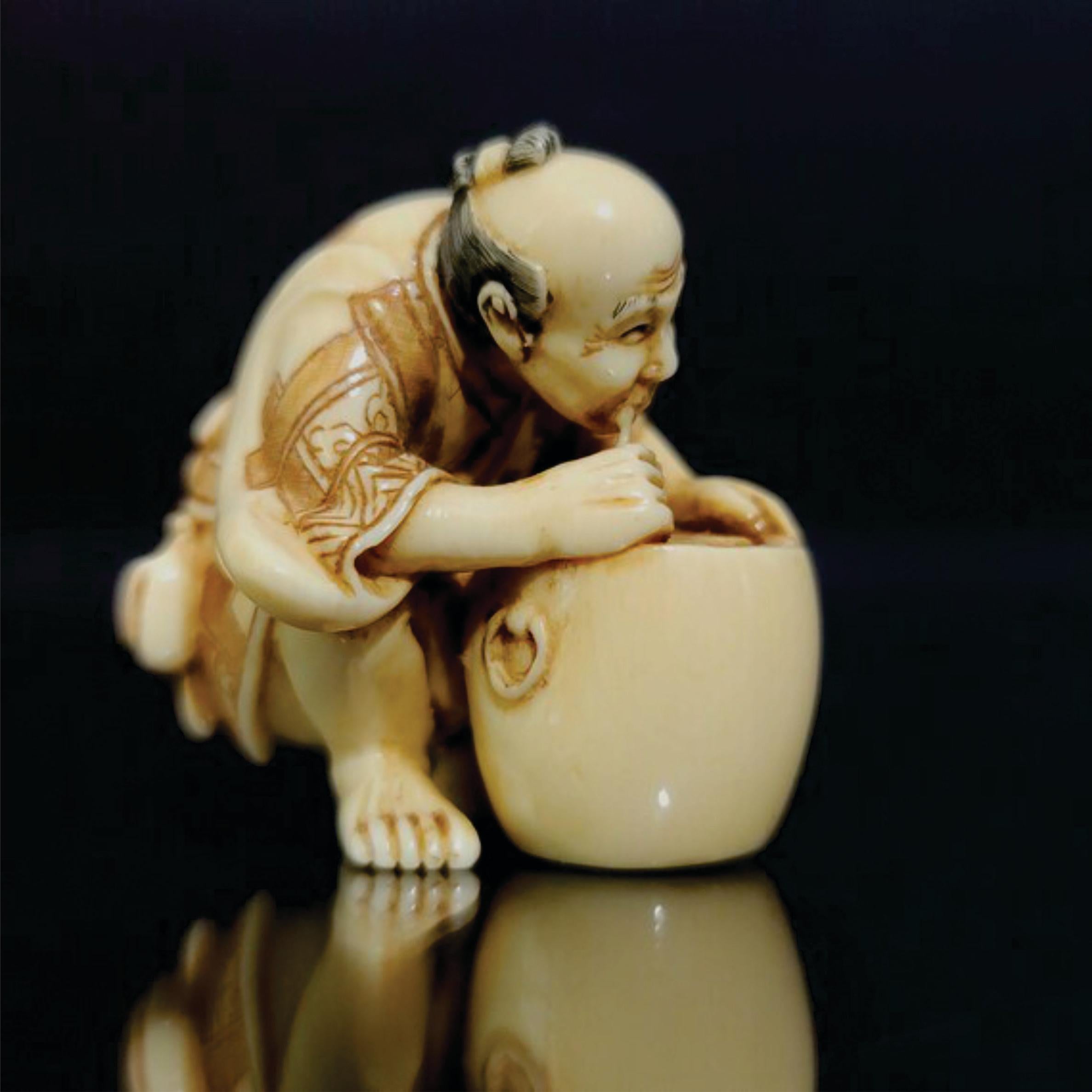 Hand-Crafted Japanese Carved Netsuke Polychrome Decorated Figure, Signed by Yoshitomo, Meiji  For Sale