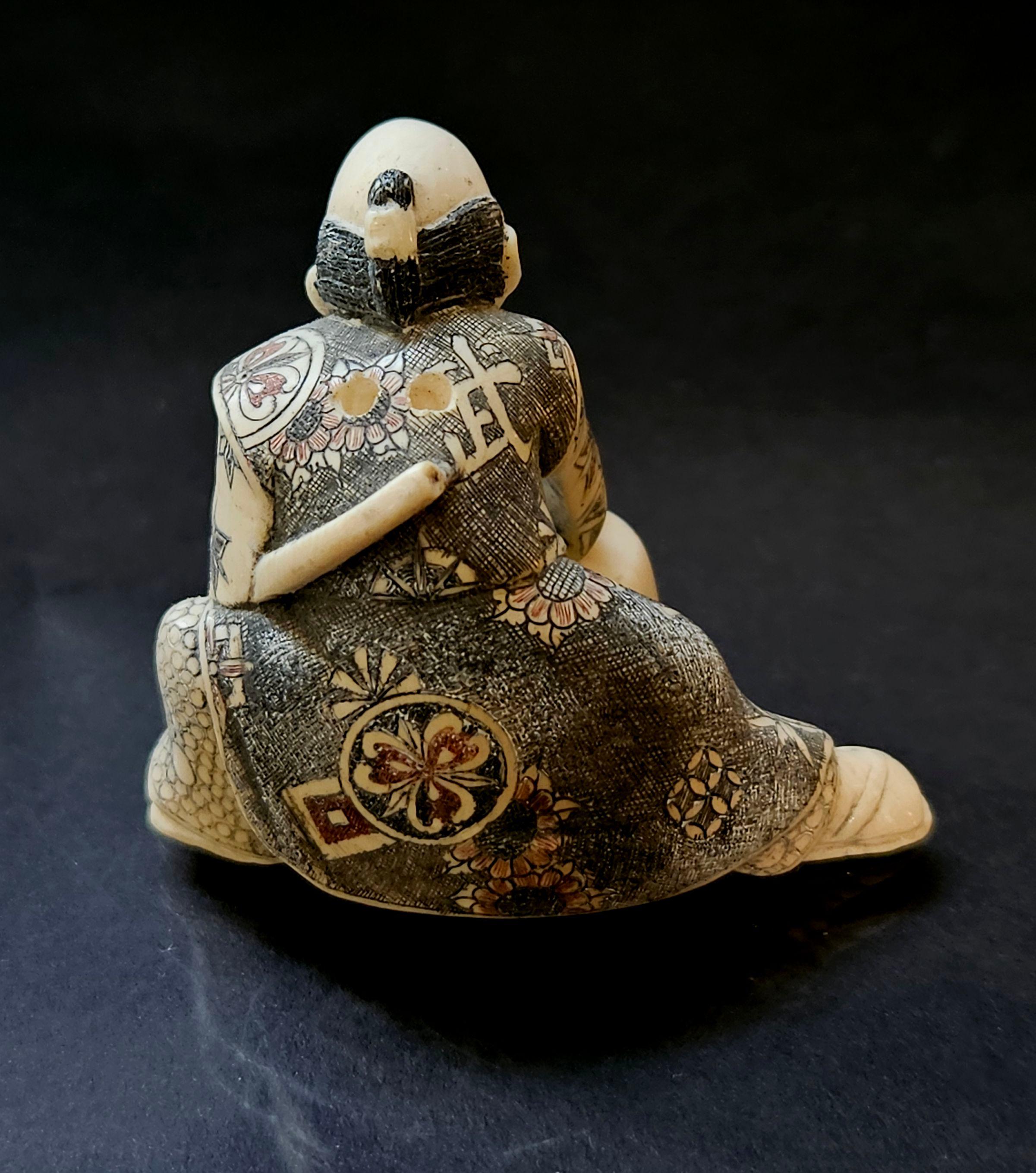 19th Century Japanese Carved Netsuke Polychrome Decorated Figure, Signed, Meiji Period For Sale