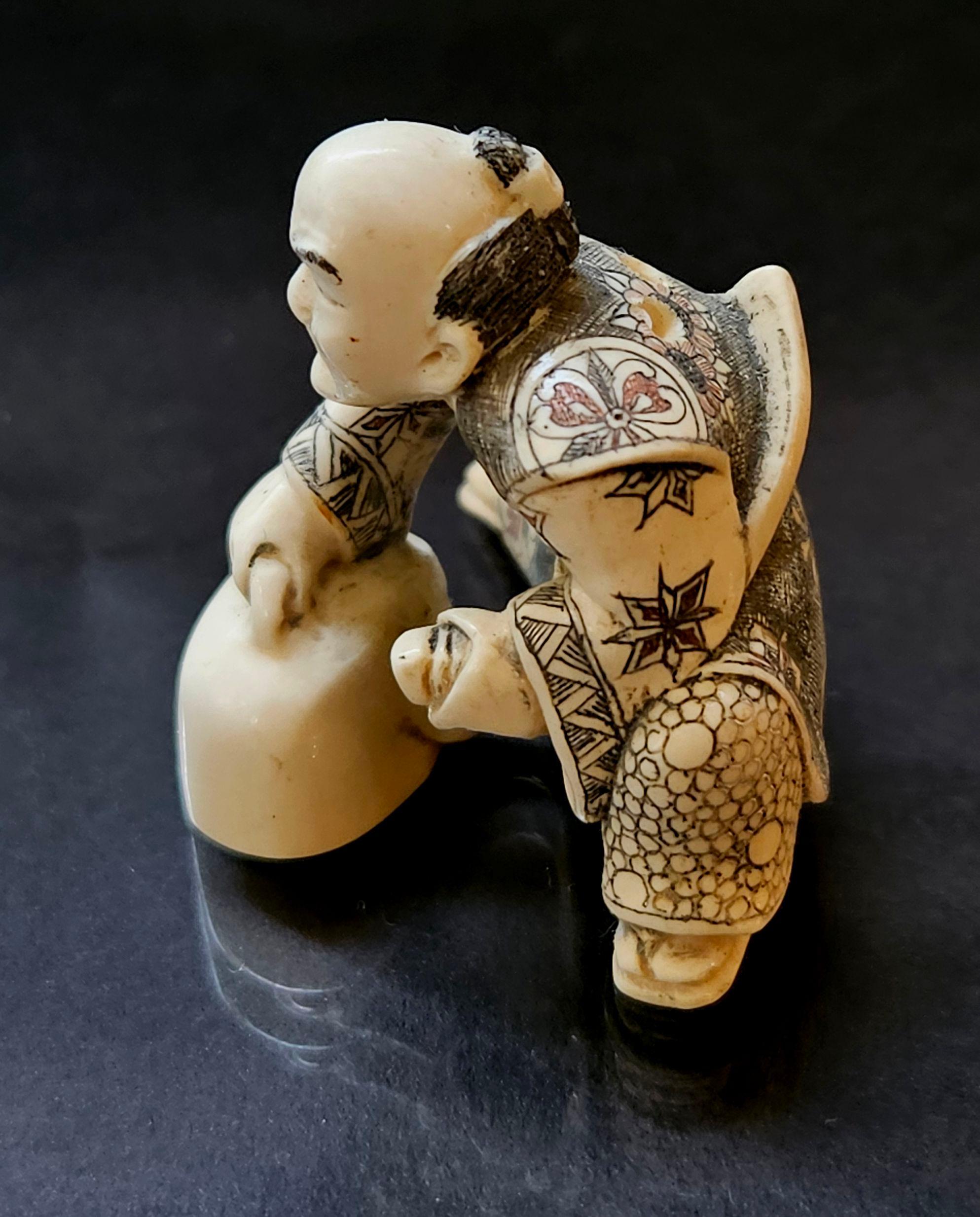 Ivory Japanese Carved Netsuke Polychrome Decorated Figure, Signed, Meiji Period For Sale