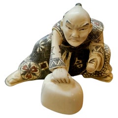 Antique Japanese Carved Netsuke Polychrome Decorated Figure, Signed, Meiji Period