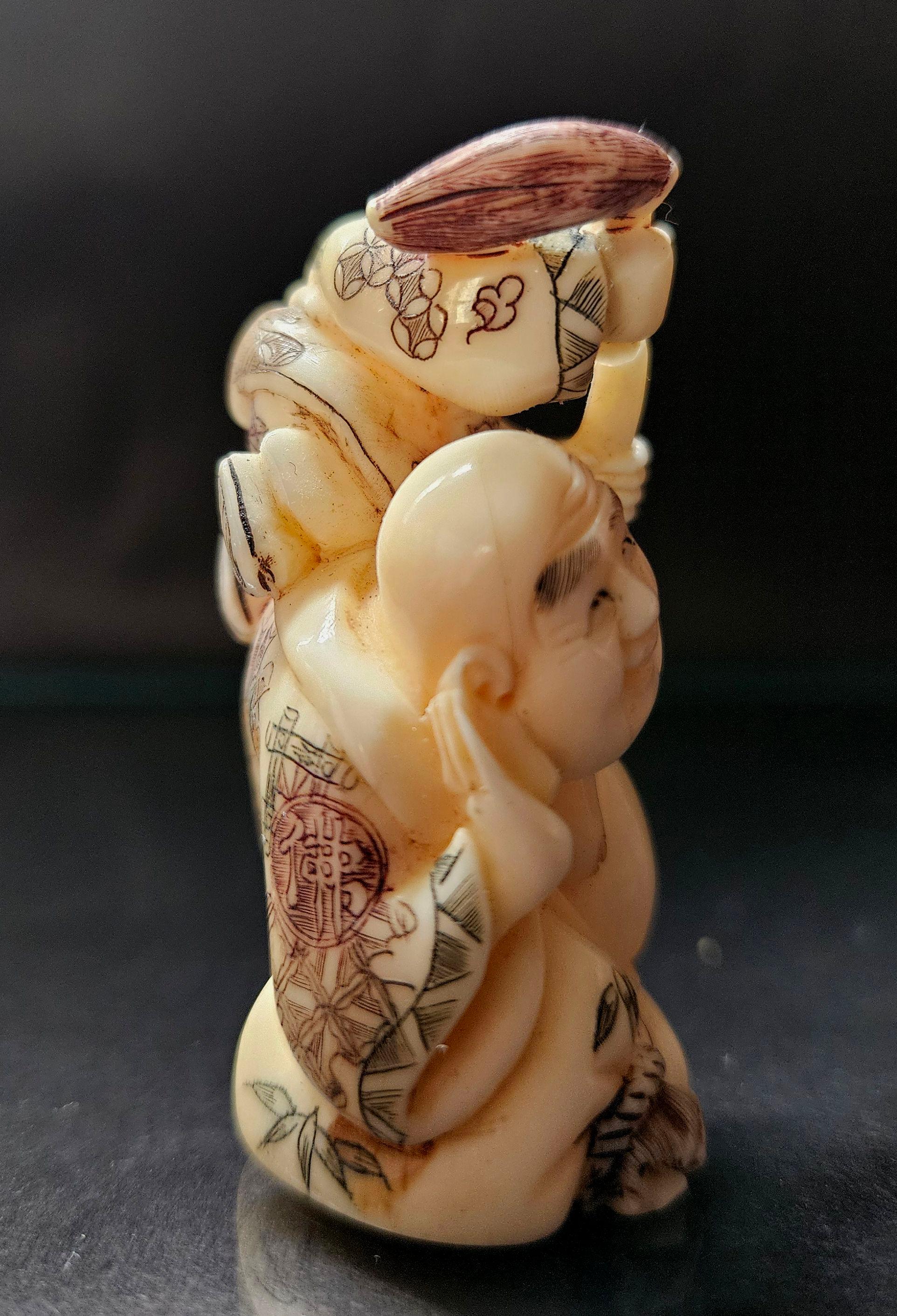 Hand-Crafted Japanese Carved Netsuke Polychrome Figure Group #1 by Yoshikawa , Meiji  For Sale