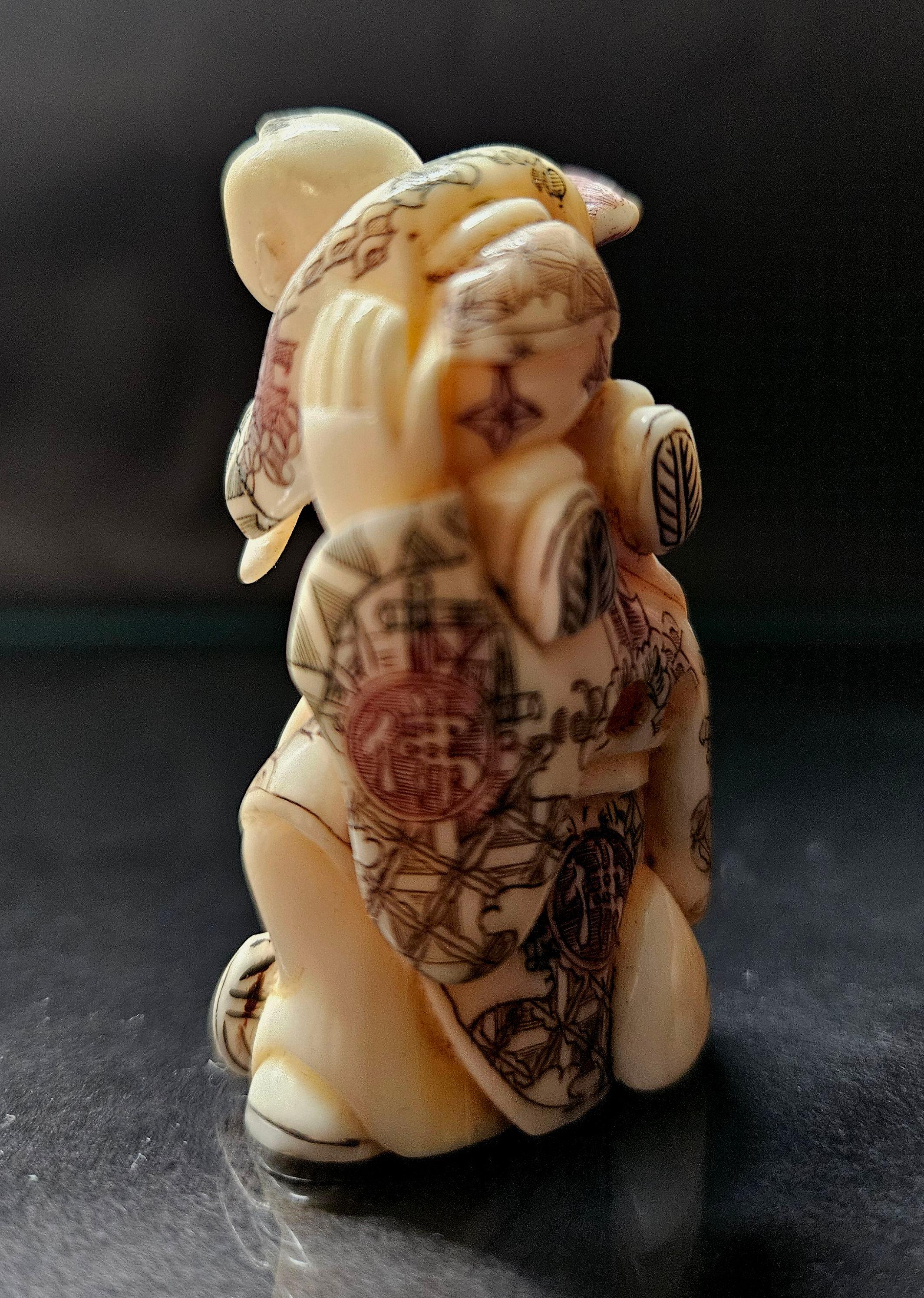 Ivory Japanese Carved Netsuke Polychrome Figure Group #1 by Yoshikawa , Meiji  For Sale