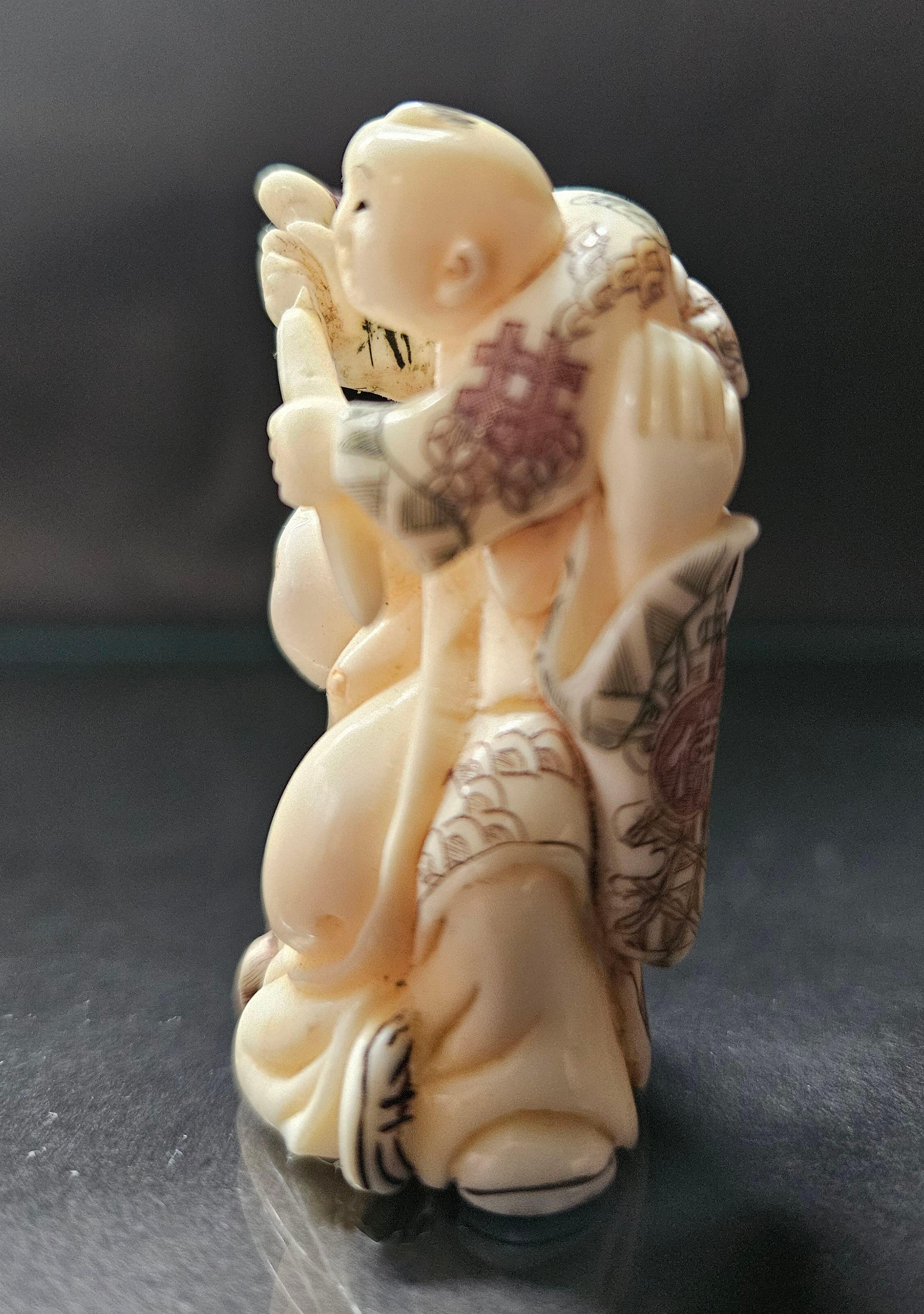 Japanese Carved Netsuke Polychrome Figure Group #1 by Yoshikawa , Meiji  For Sale 1