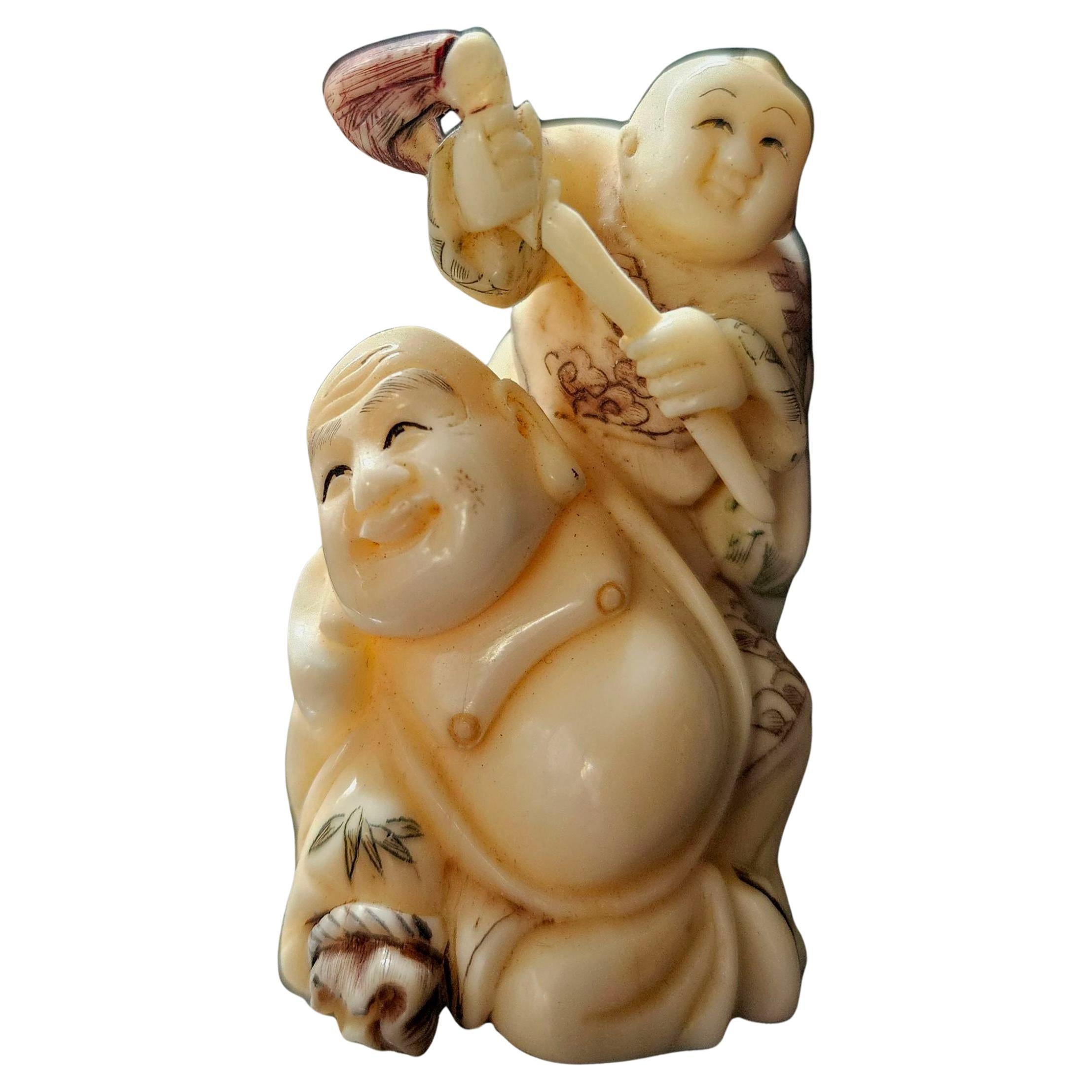 Japanese Carved Netsuke Polychrome Figure Group #1 by Yoshikawa , Meiji  For Sale