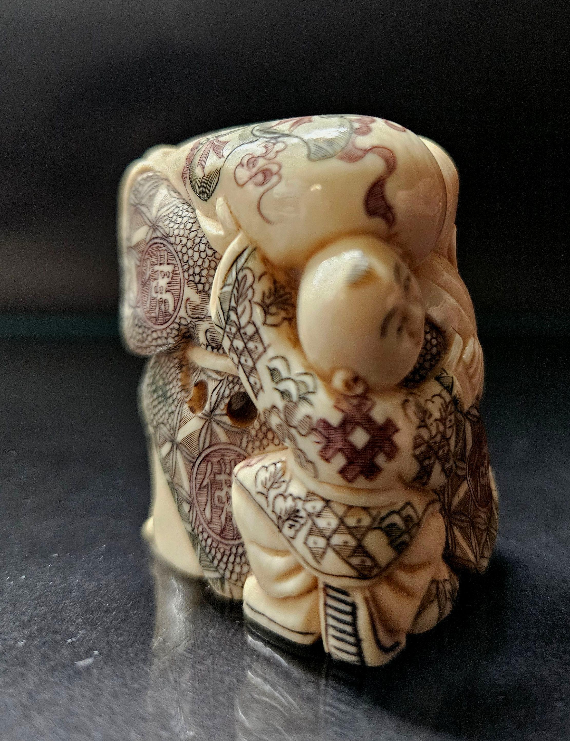 Ivory Japanese Carved Netsuke Polychrome Figure Group #2 by Yoshikawa , Meiji  For Sale