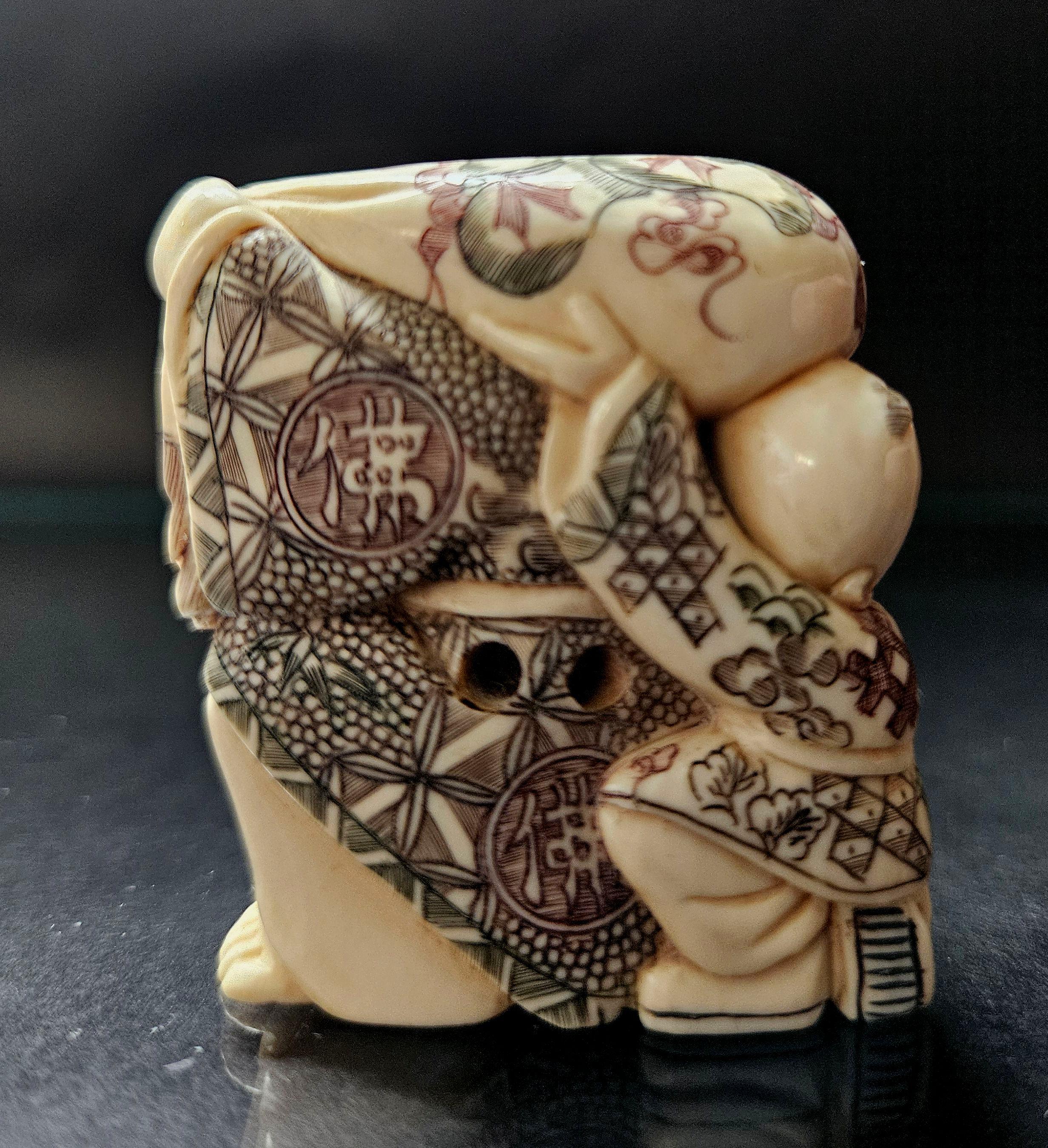 Japanese Carved Netsuke Polychrome Figure Group #2 by Yoshikawa , Meiji  For Sale 1
