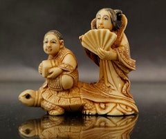 Japanese Carved Netsuke Polychrome Figure Group"Floating on sea" Signed , Meiji