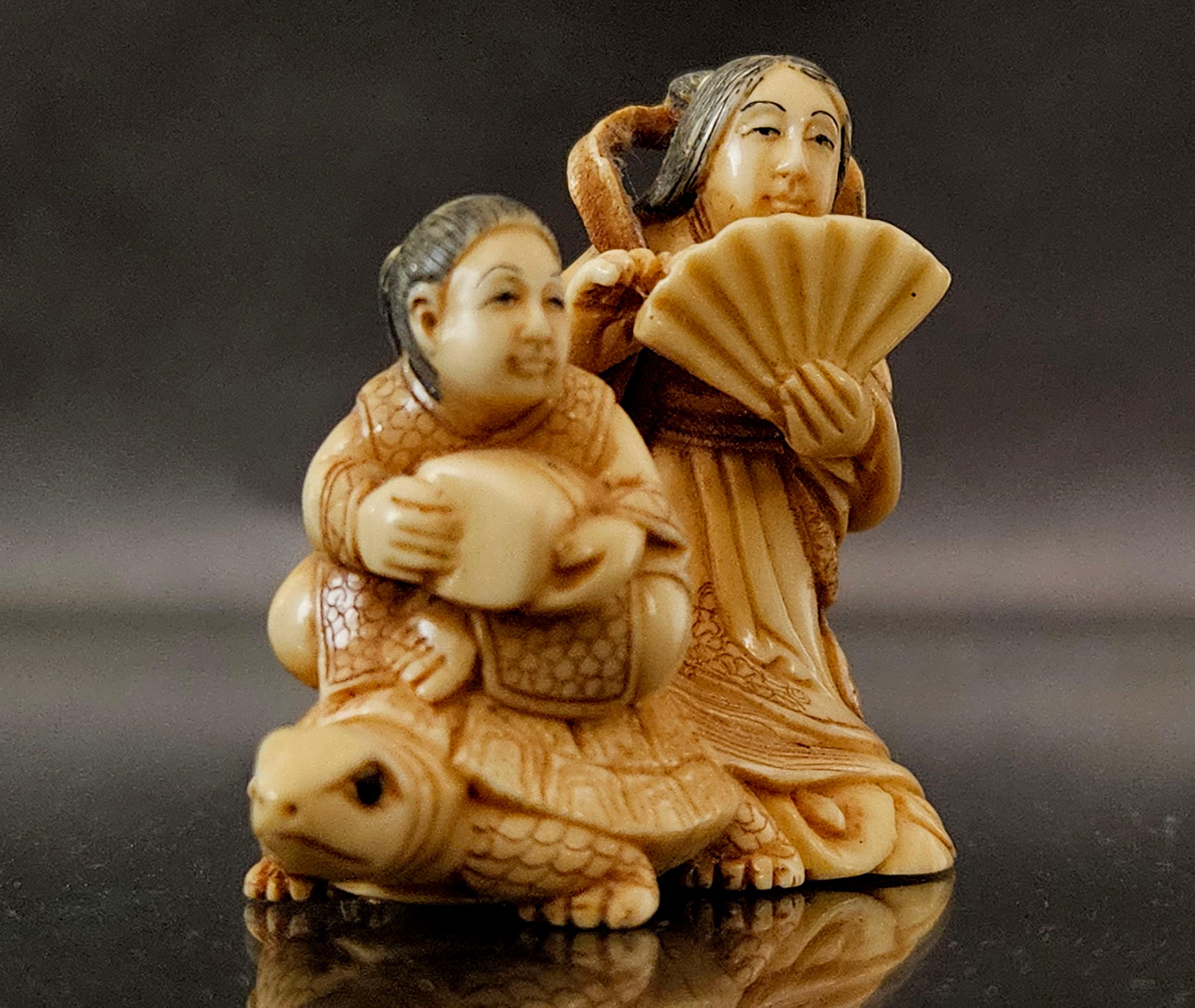 Hand-Crafted Japanese Carved Netsuke Polychrome Figure Group