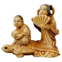 Antique Japanese Carved Netsuke Polychrome Figure Group"Floating on sea" Signed , Meiji 