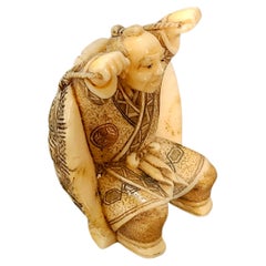 Japanese Carved Netsuke Polychrome Figure Group"The Turtleman" Signed , Edo