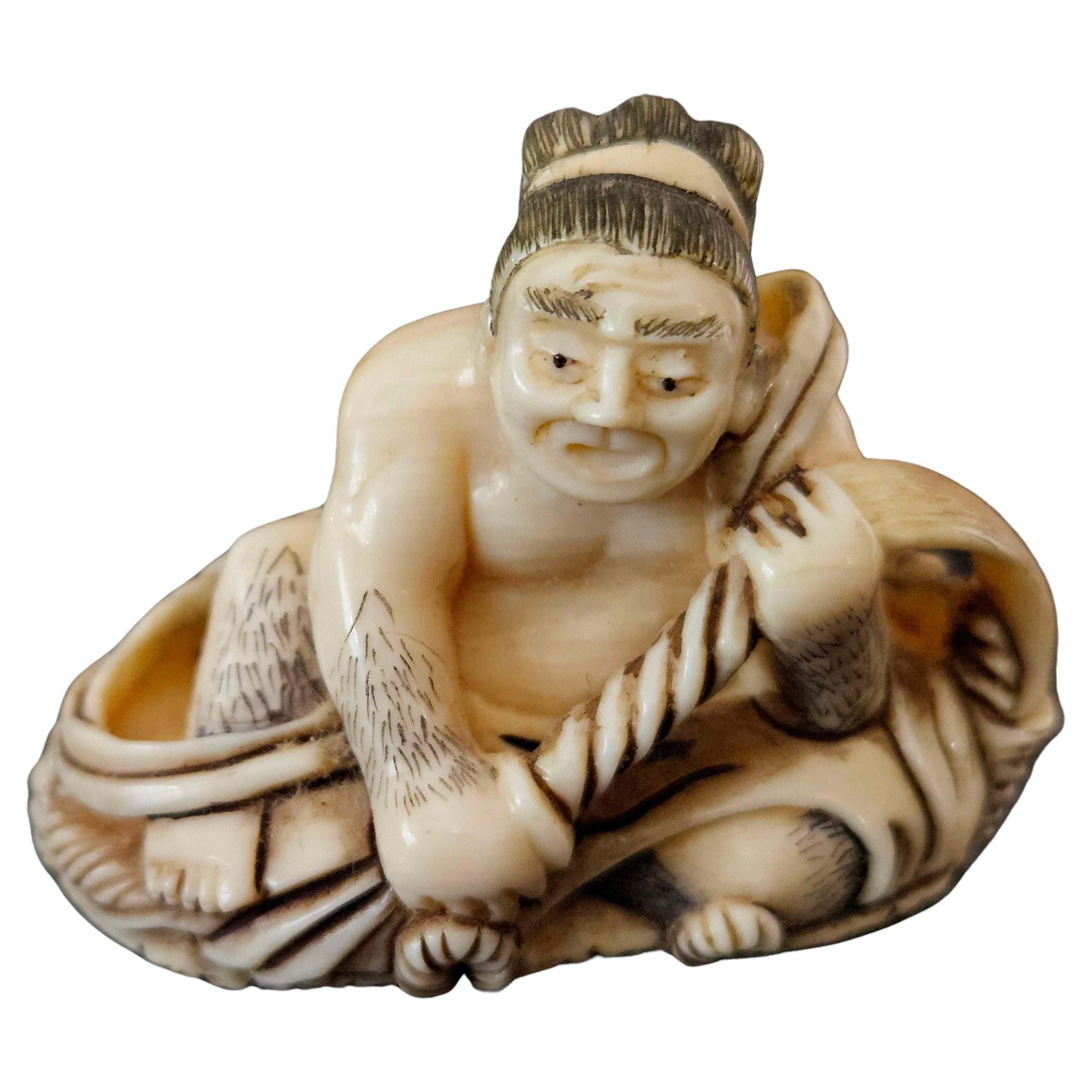 Japanese Carved Netsuke Polychrome Figure "Sumo" Signed, Meiji Period For Sale