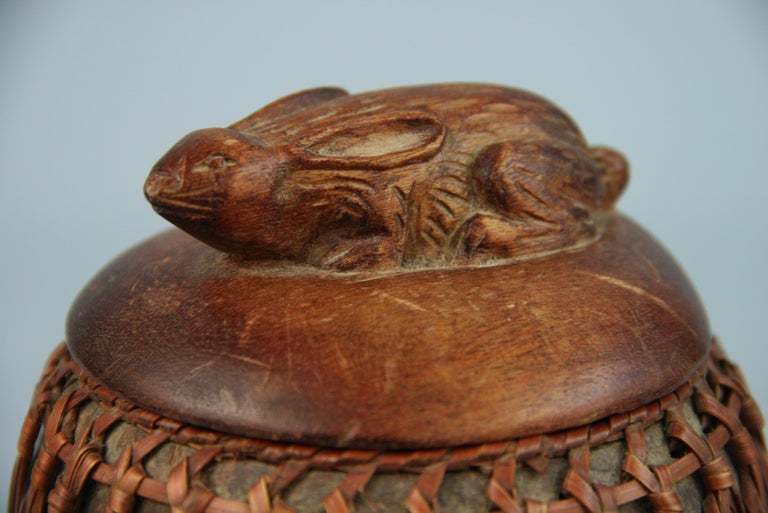 Mid-20th Century Japanese Carved Rabbit Wood Box with Reed  Covering For Sale