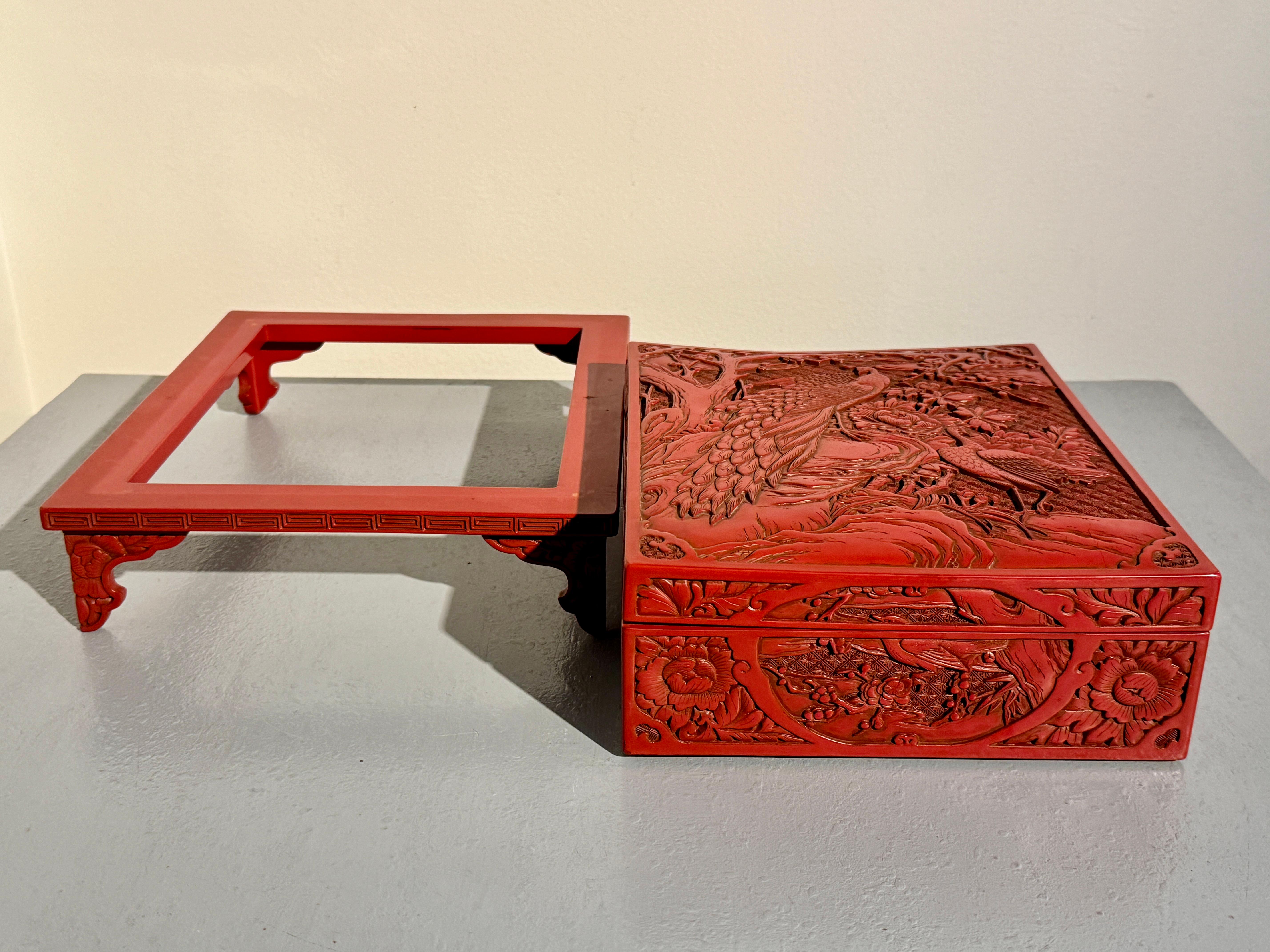 Japanese Carved Red Lacquer Box on Stand, Showa Era, mid 20th century, Japan 11
