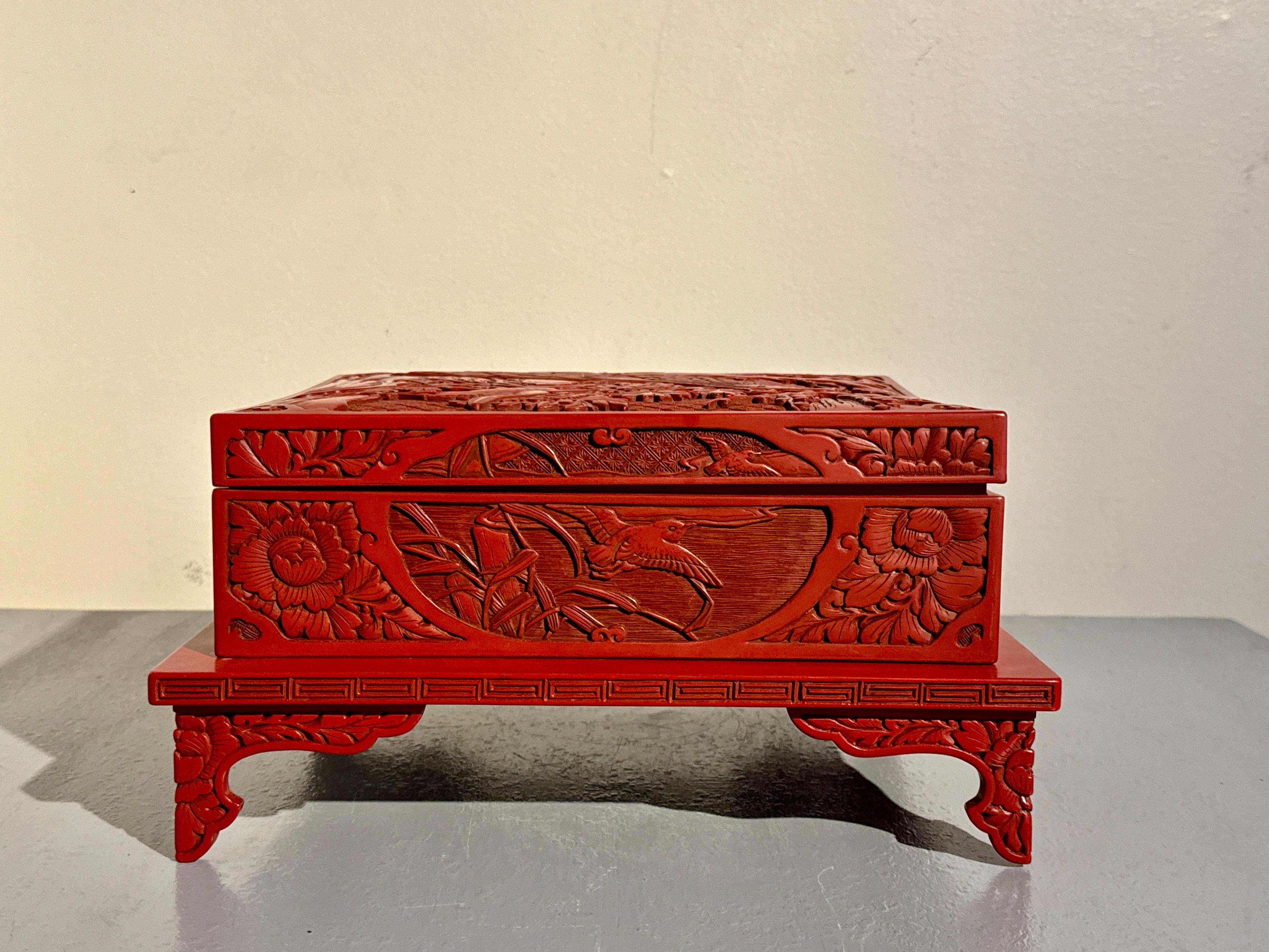 Mid-20th Century Japanese Carved Red Lacquer Box on Stand, Showa Era, mid 20th century, Japan