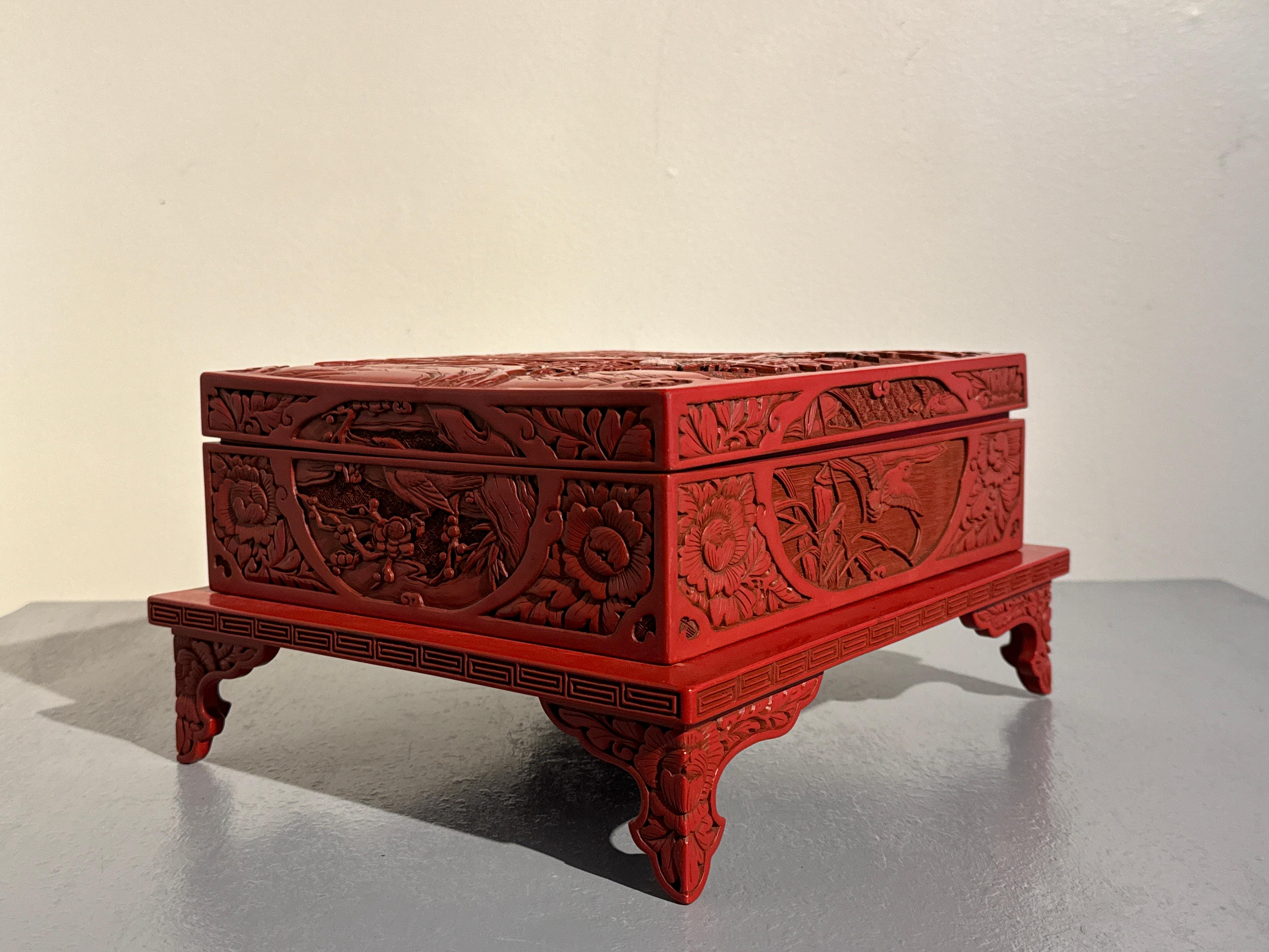 Softwood Japanese Carved Red Lacquer Box on Stand, Showa Era, mid 20th century, Japan