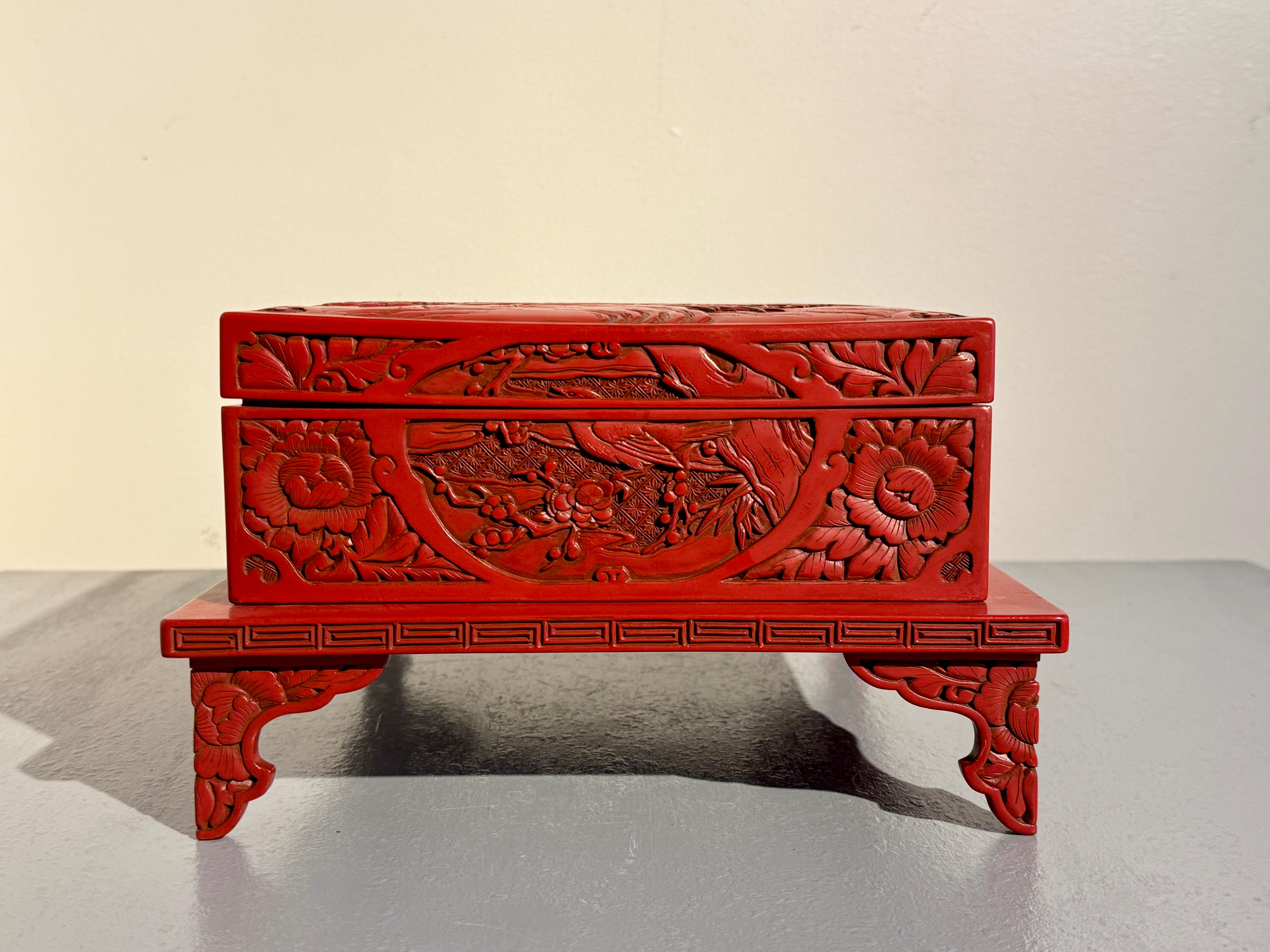 Japanese Carved Red Lacquer Box on Stand, Showa Era, mid 20th century, Japan 1
