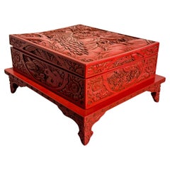 Vintage Japanese Carved Red Lacquer Box on Stand, Showa Era, mid 20th century, Japan