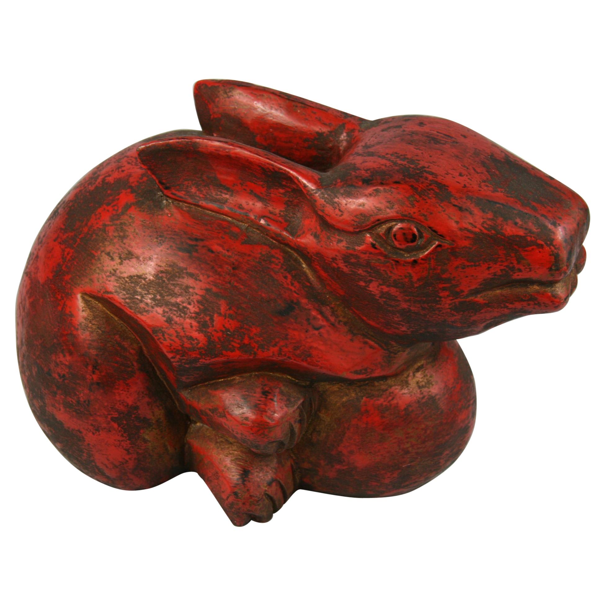 Japanese Carved Red Painted Wood Rabbit Sculpture