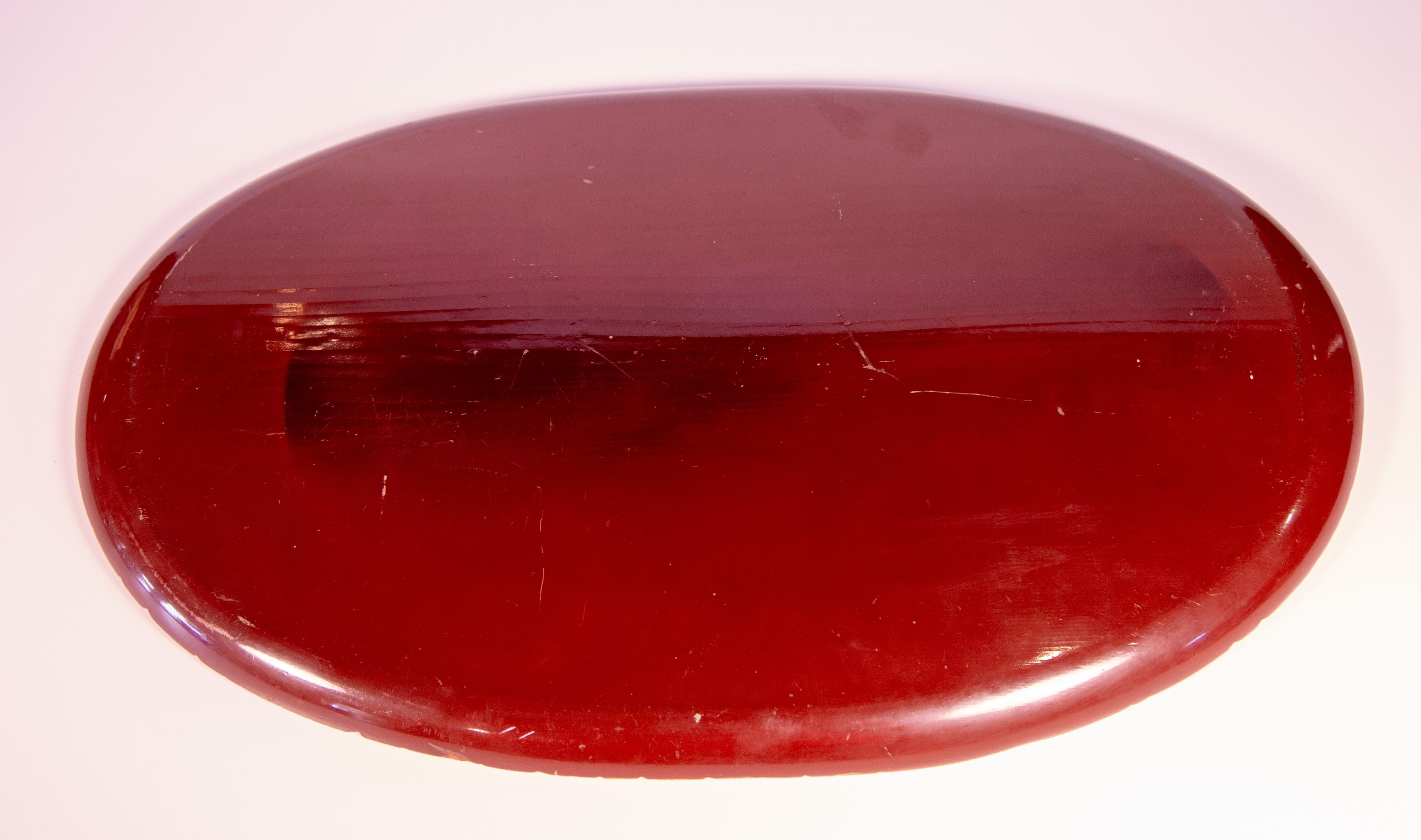 Taisho Japanese Carved Wood and Negoro Lacquer Oval Tray, circa 1920