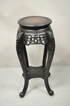 Japanese Carved Wood Black Ebonized 28" Plant Stand Lacquer Top Side Table