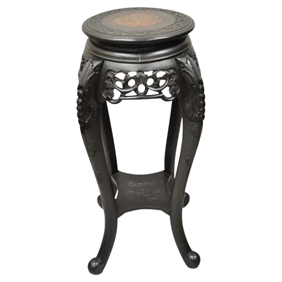 Japanese Carved Wood Black Ebonized 28" Plant Stand Lacquer Top Side Table For Sale