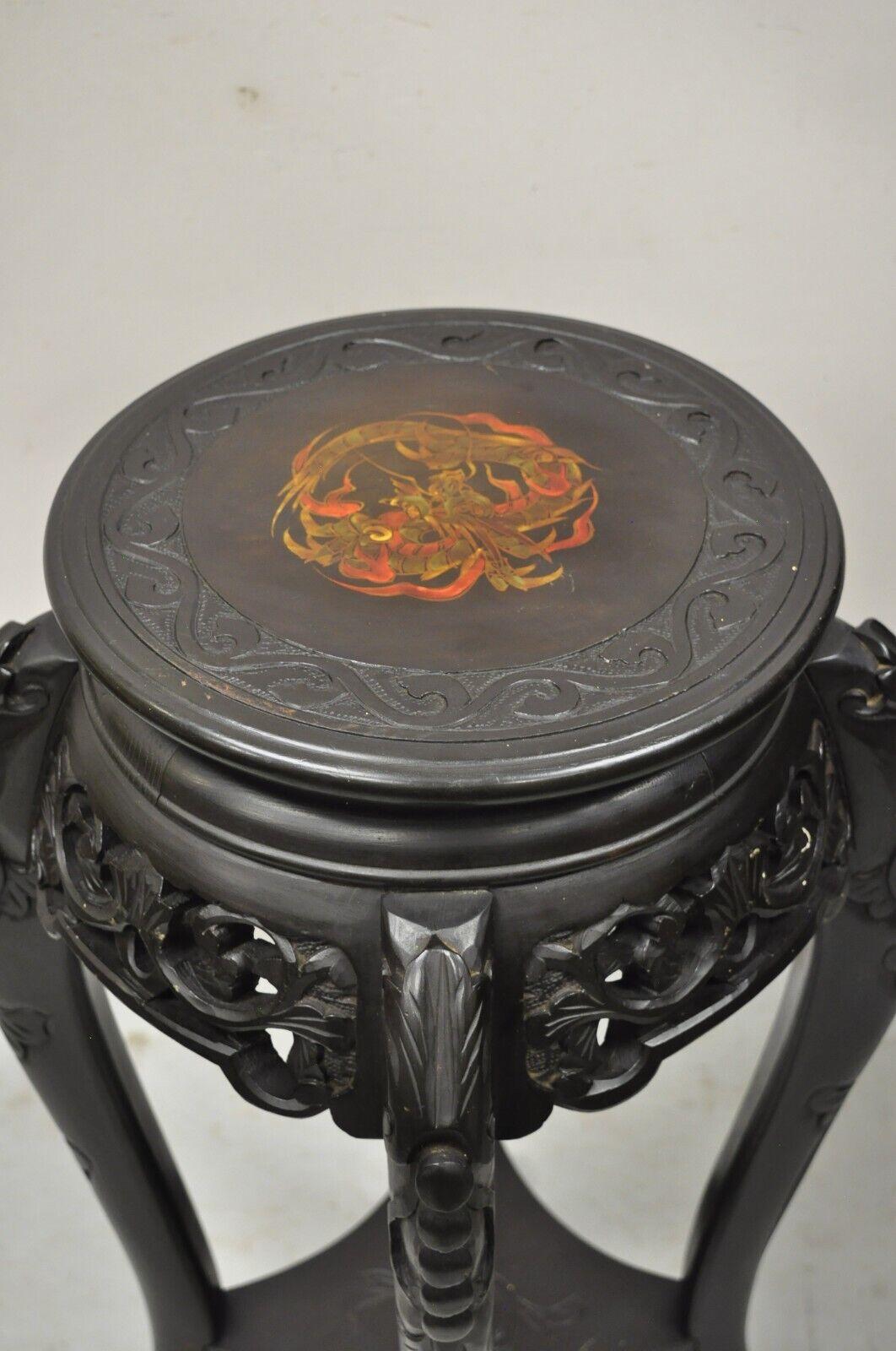 20th Century Japanese Carved Wood Black Ebonized Plant Stand Side Table Lacquer Top For Sale