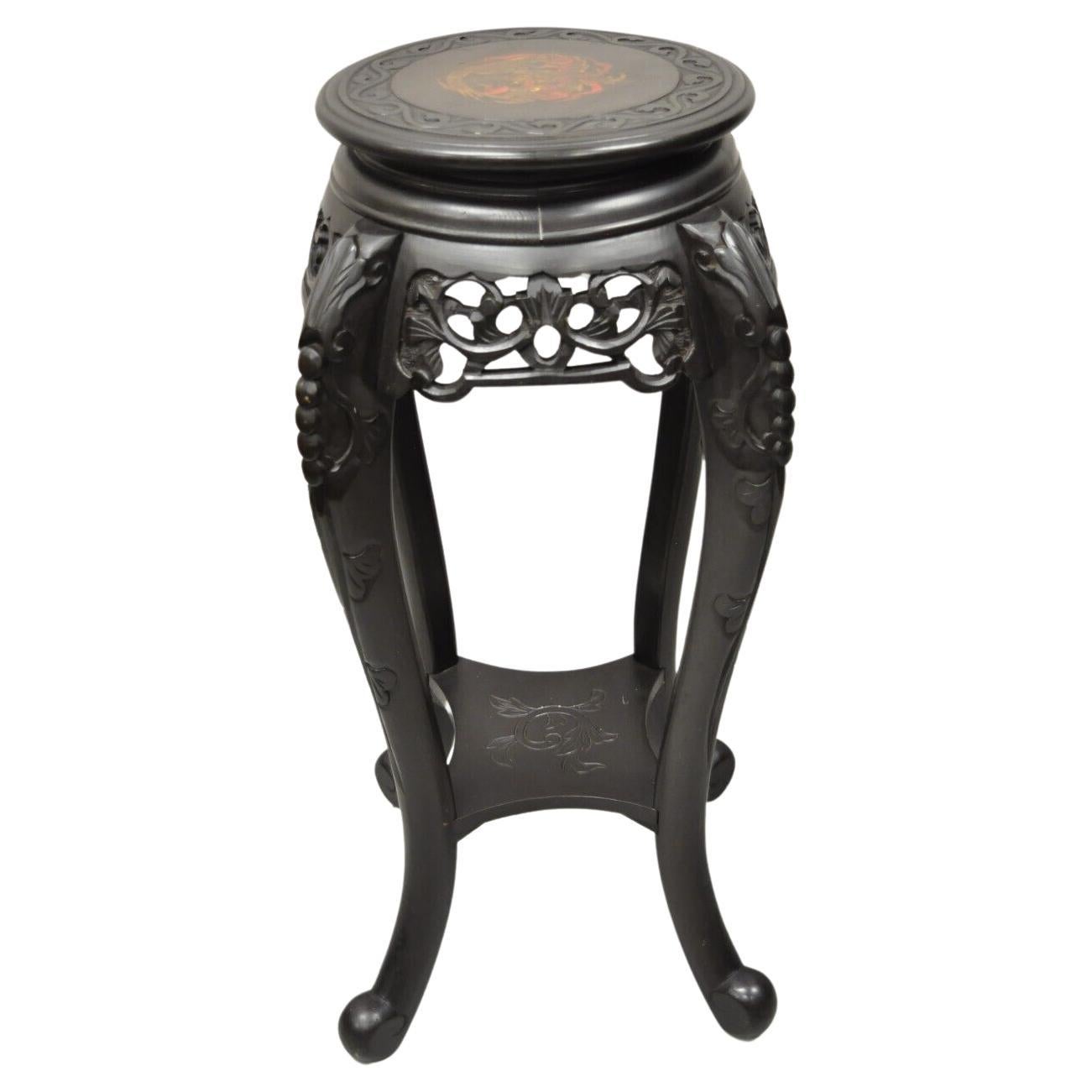 Japanese Carved Wood Black Ebonized Plant Stand Side Table Lacquer Top For Sale