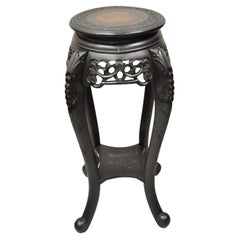 Japanese Carved Wood Black Ebonized Plant Stand Side Table Lacquer Top