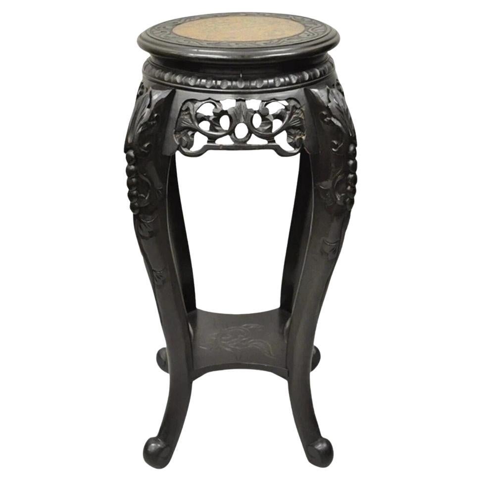 Japanese Carved Wood Black Ebonized 29" Lacquer Top Plant Stand Side Table en vente