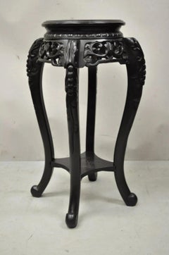 Japanese Carved Wood Black Ebonized 29" Plant Stand Side Table Lacquer Top
