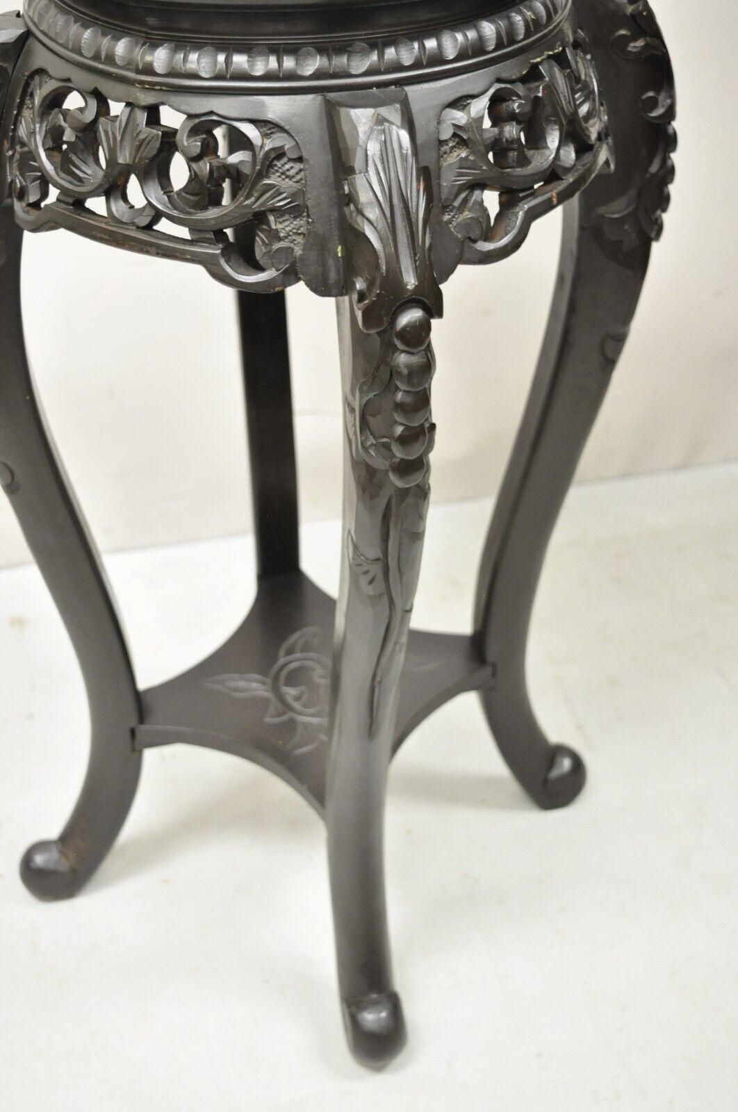 Chinoiserie Japanese Carved Wood Black Ebonized Plant Stand Side Table Lacquer Top For Sale