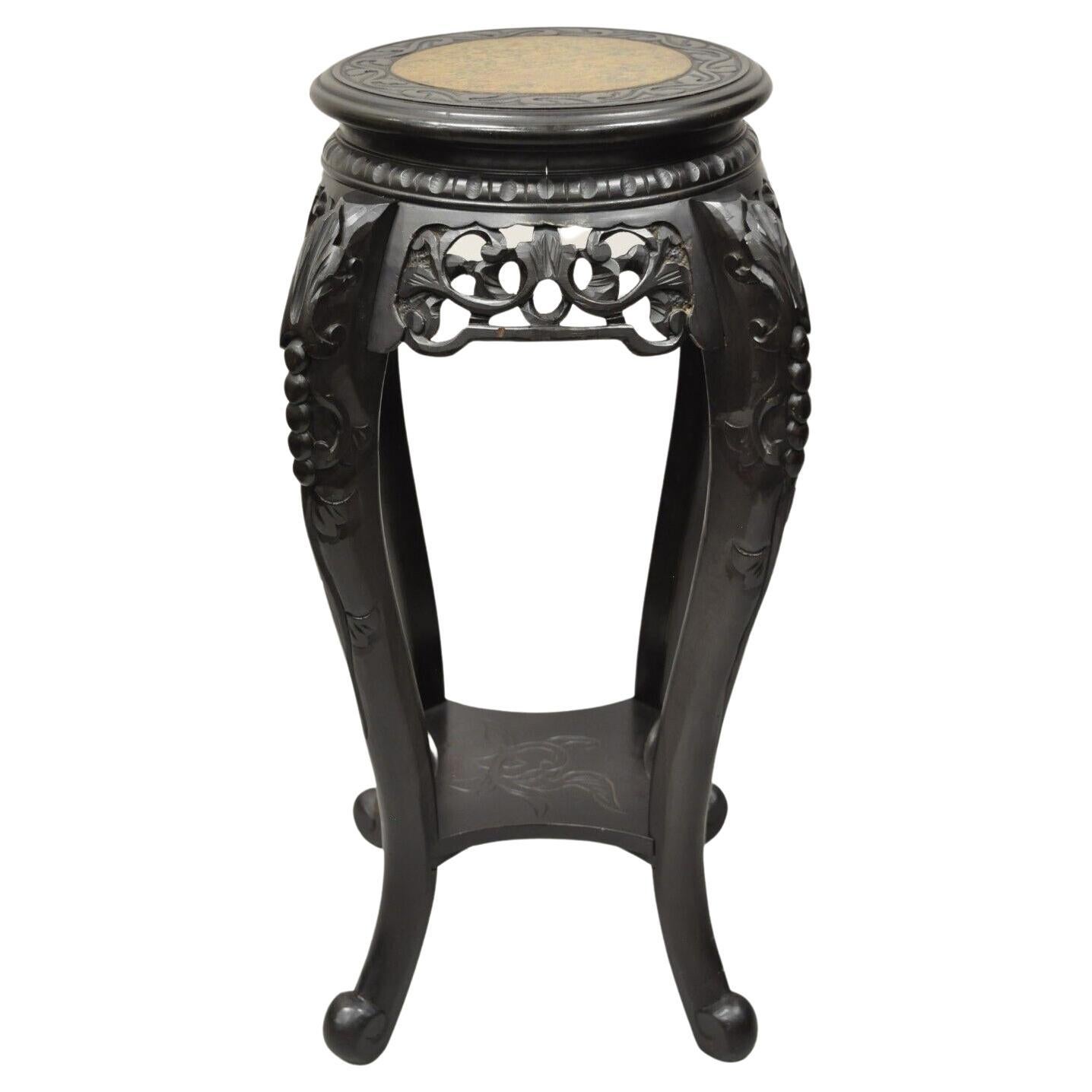 Japanese Carved Wood Black Ebonized Plant Stand Side Table Lacquer Top