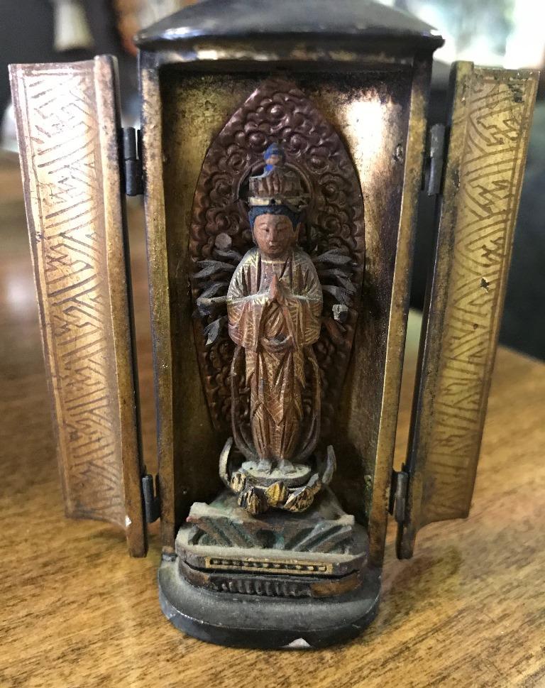 A wonderful piece, small in scale, intricate in detail. Hand carved and painted. A great addition to any collection of Japanese or Asian artifacts.

Dimensions: 3.5