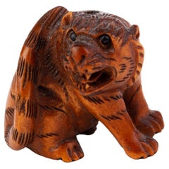 Vintage Japanese Carved Wood Netsuke Inro Tiger