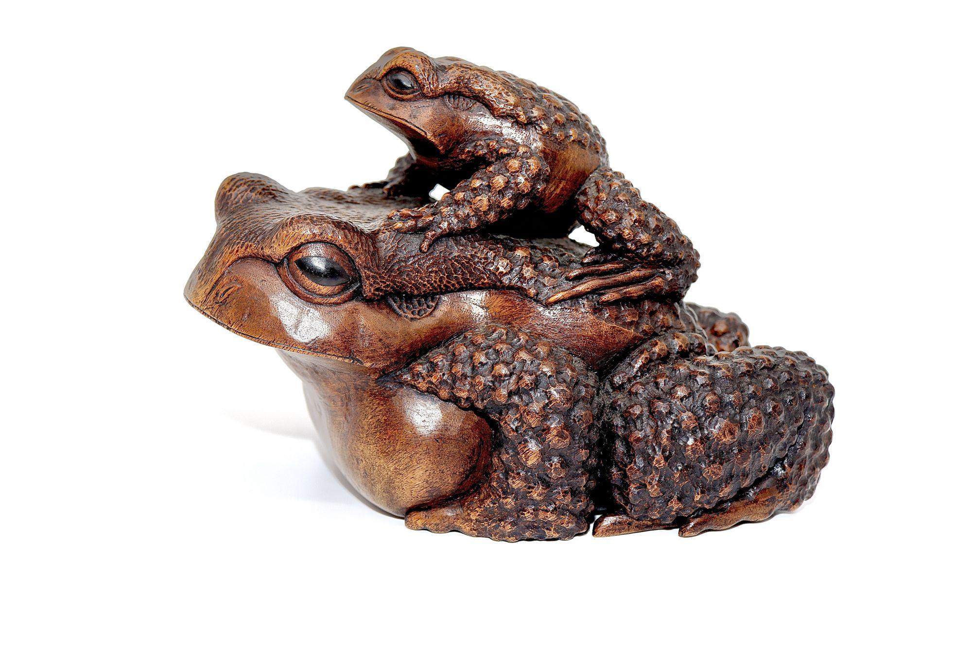 Finely carved as a small toads on top of a large toad, the surface finished to resemble the toad's rugged skin, signature on underside. In Japan, the toad is considered an auspicious animal and often depicted in Japanese art. It was also believed