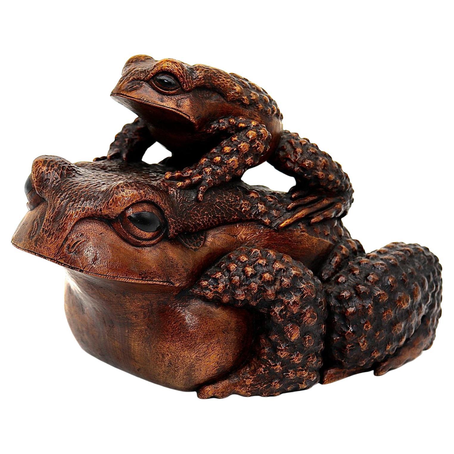 19th Century Japanese Carved Wood Sculpture of Toads Edo Period Signed For Sale