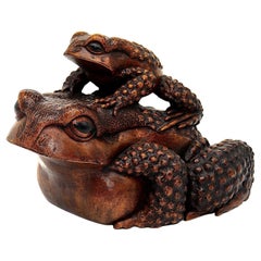 19th Century Japanese Carved Wood Sculpture of Toads Edo Period Signed
