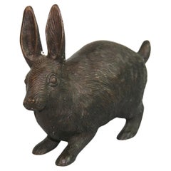 Japanese Cast Bronze Hairy Crouching Rabbit Sculpture