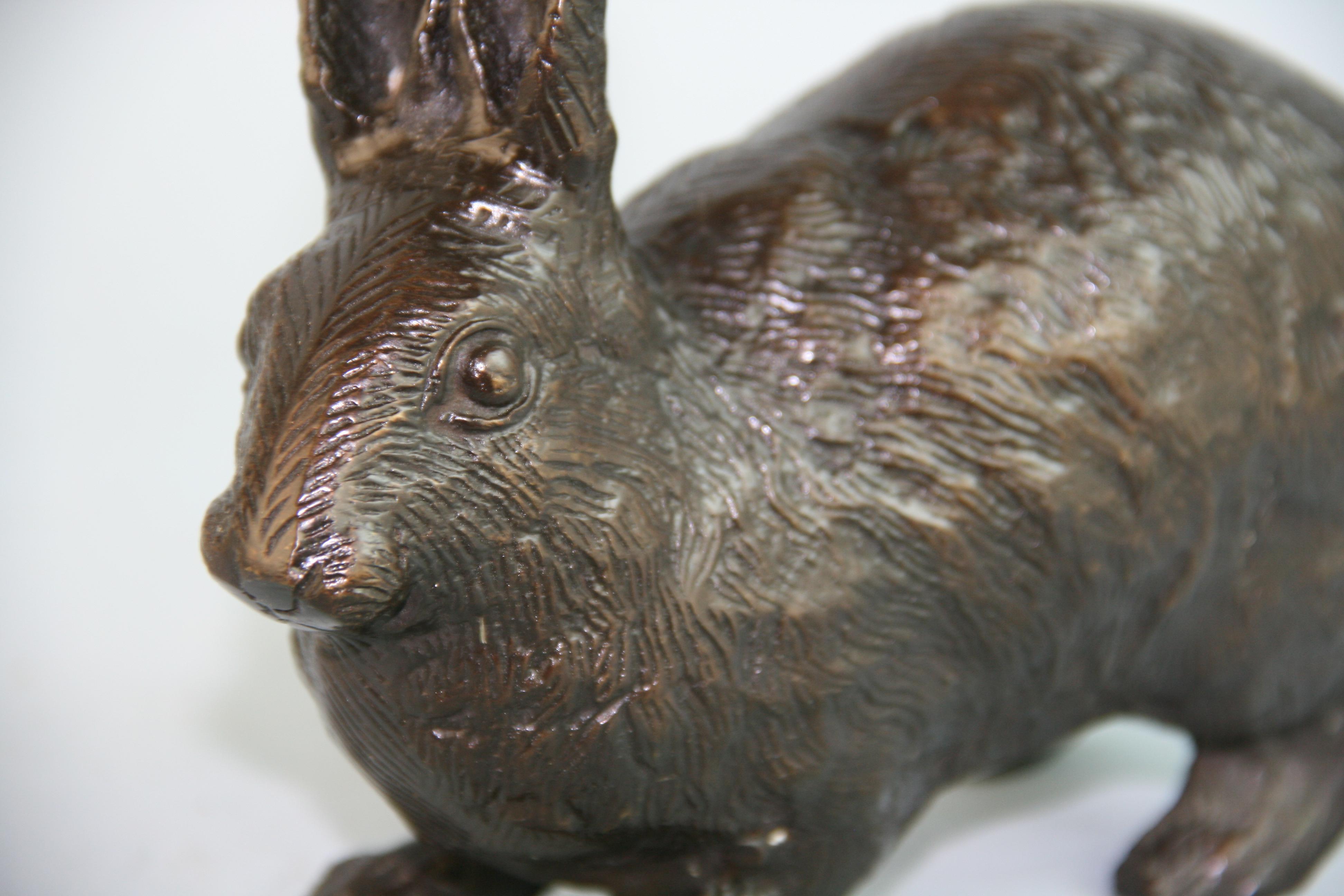 Japanese Cast Bronze Hairy Rabbit Garden Sculpture In Good Condition For Sale In Douglas Manor, NY